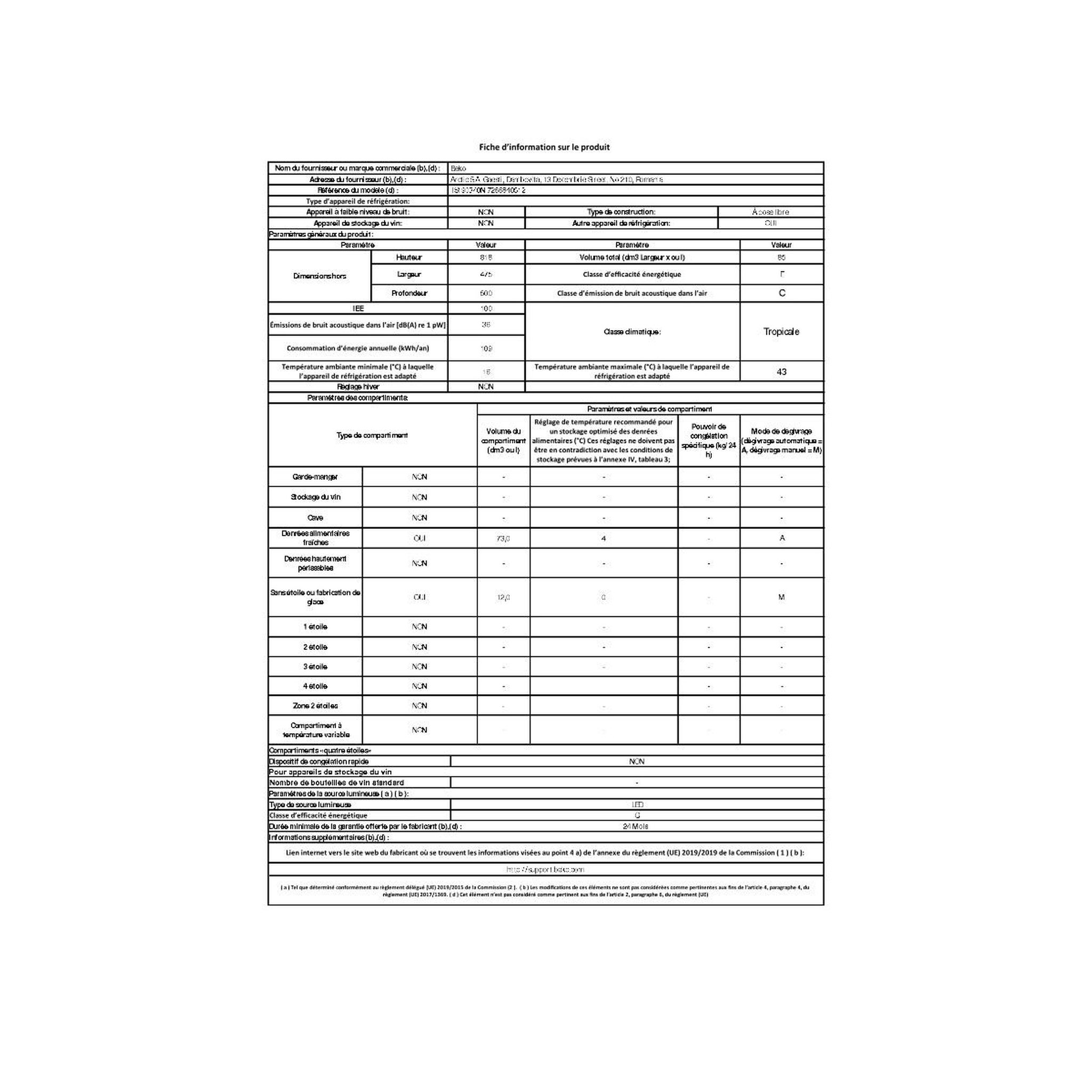 Voir la diapositive 4 : Beko Réfrigérateur table top 47.5cm 85l blanc - ts190340n