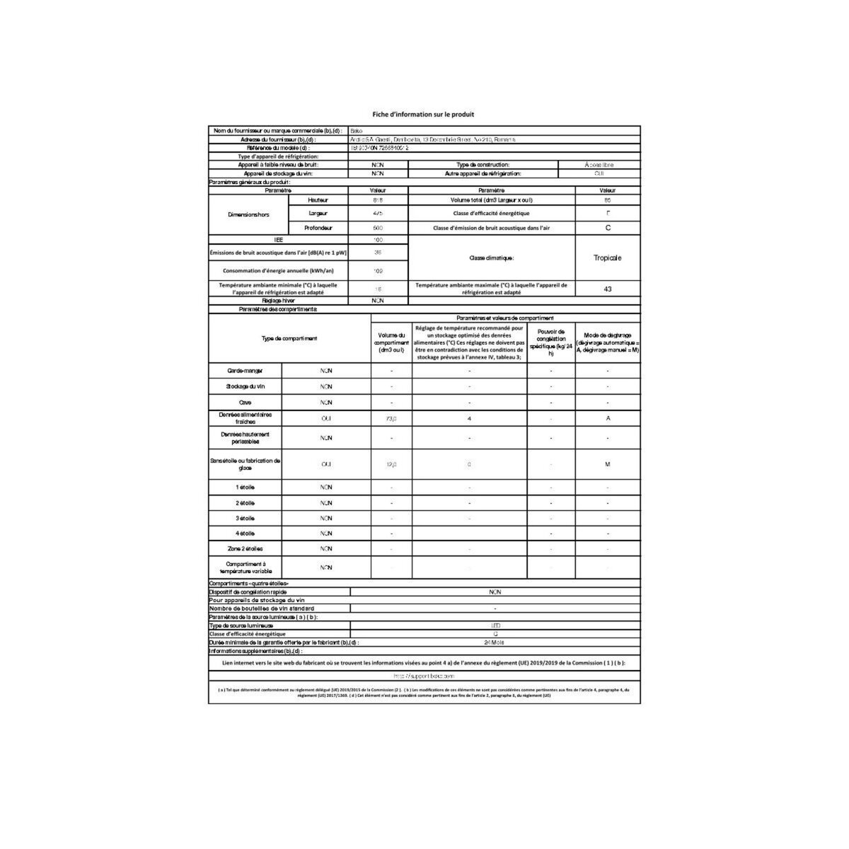 Beko Réfrigérateur table top 47.5cm 85l blanc - TS190340N