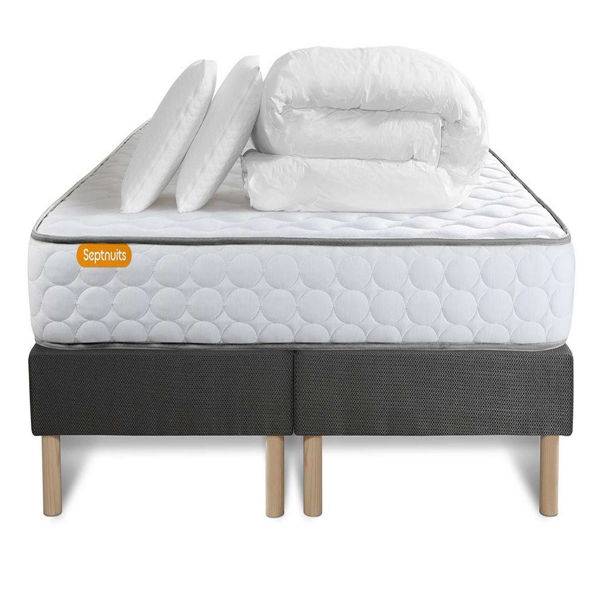 Voir la diapositive 2 : SEPTNUITS Pack matelas Memo + double sommiers gris + 2 oreillers mémoire de forme