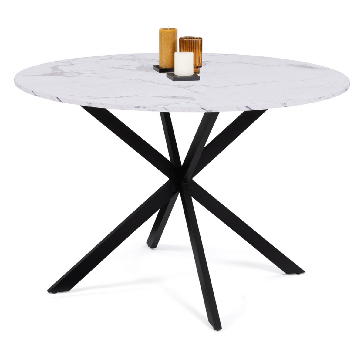 ID MARKET Table à manger ronde ALIX 6 personnes pied araignée noir et plateau effet marbre blanc ALASKA 110 cm