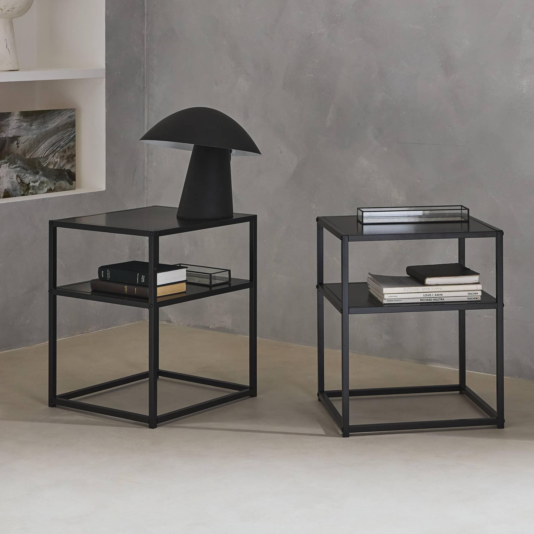 Voir la diapositive 2 : SWEEEK Lot de 2 Tables de chevet en métal noir. 1 étagère. INDUSTRIELLE L 43 x l 40 x H 52cm