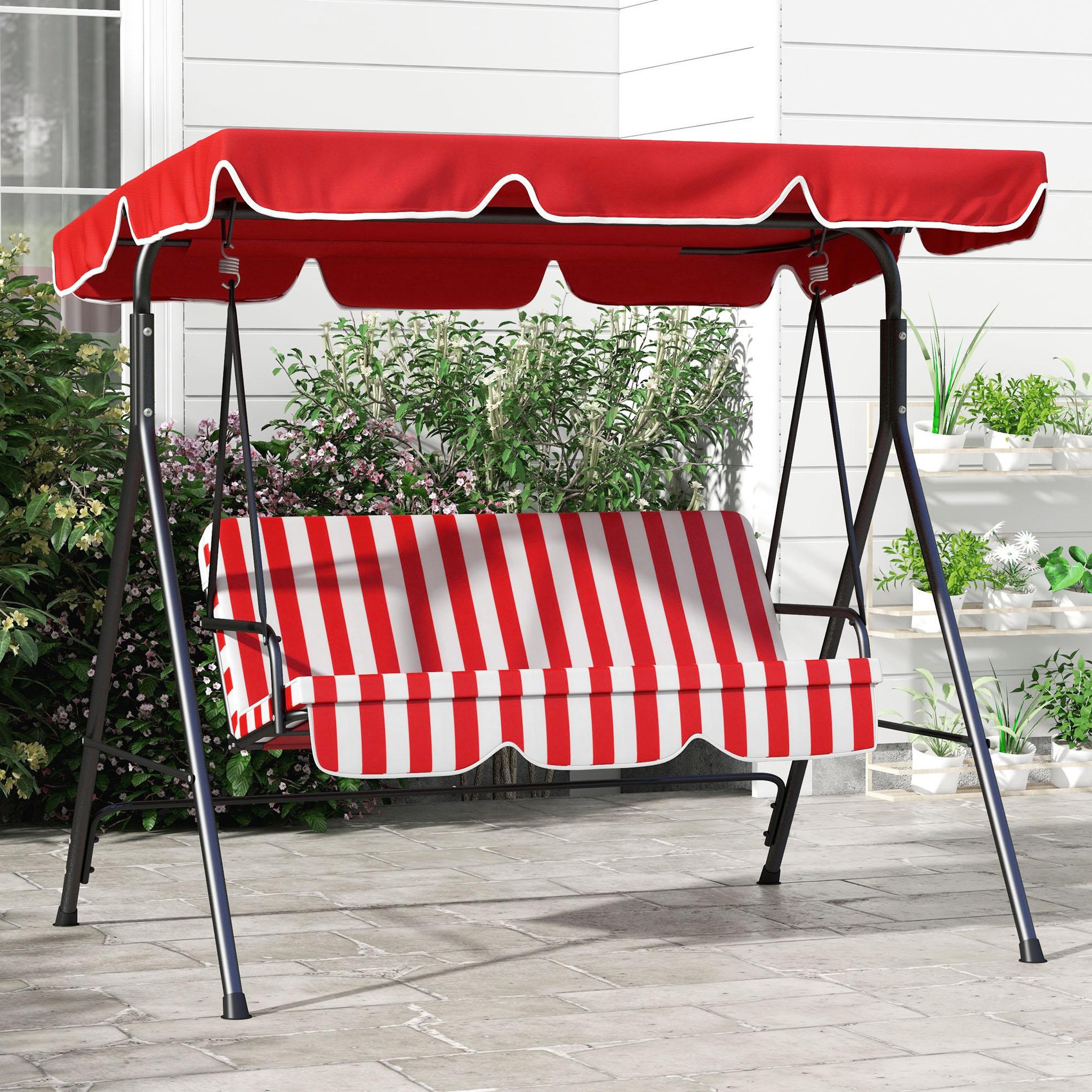 Voir la diapositive 2 : OUTSUNNY Balancelle de jardin 3 places toit inclinaison réglable coussins assise et dossier 1,72L x 1,1l x 1,52H m acier noir polyester rouge et blanc