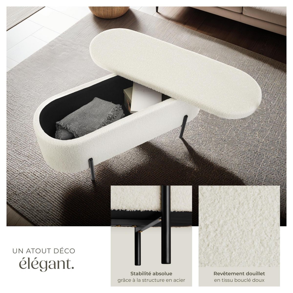 tectake Banc en tissu bouclé Bouclé crème/ blanc