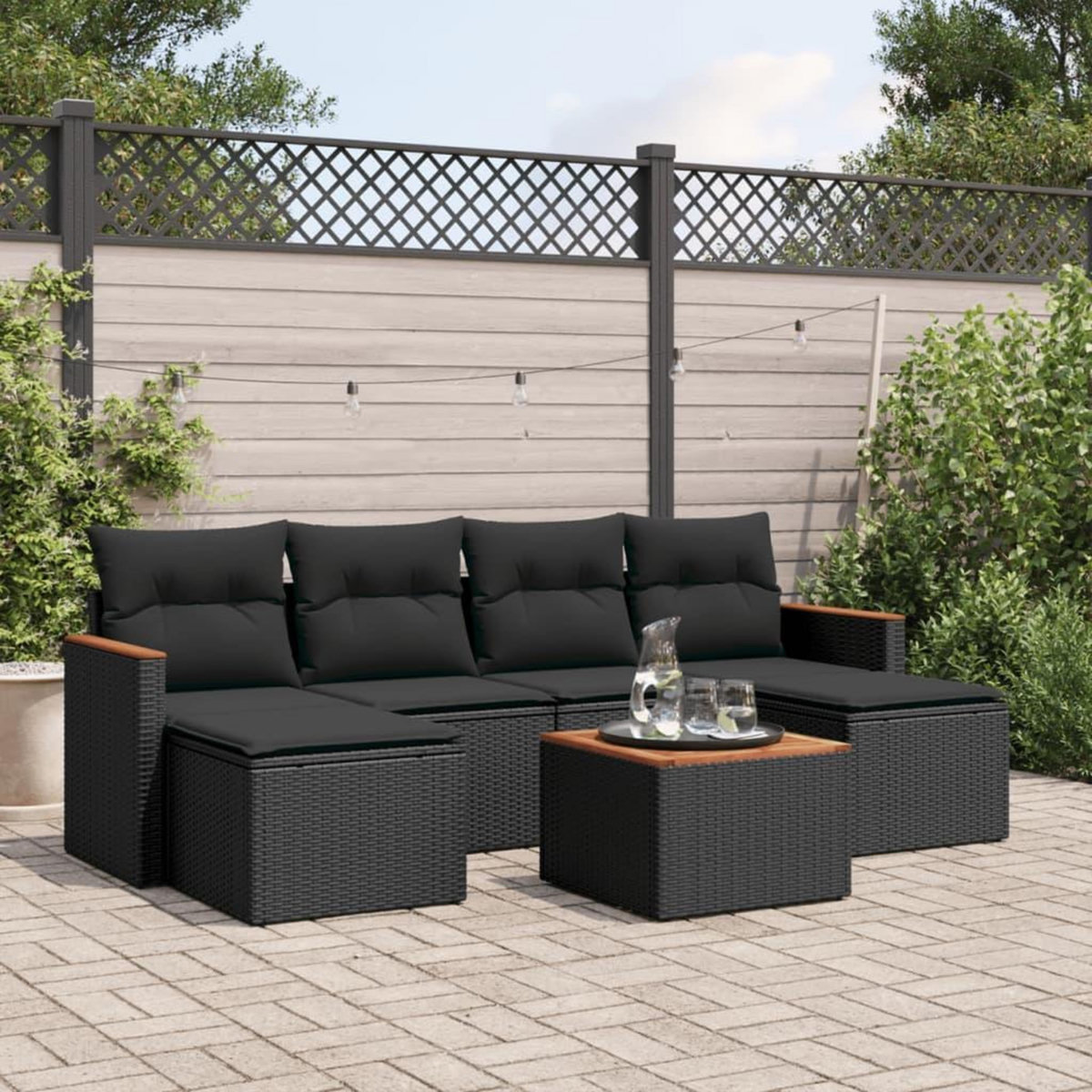 VIDAXL Salon de jardin 7 pcs avec coussins noir resine tressee