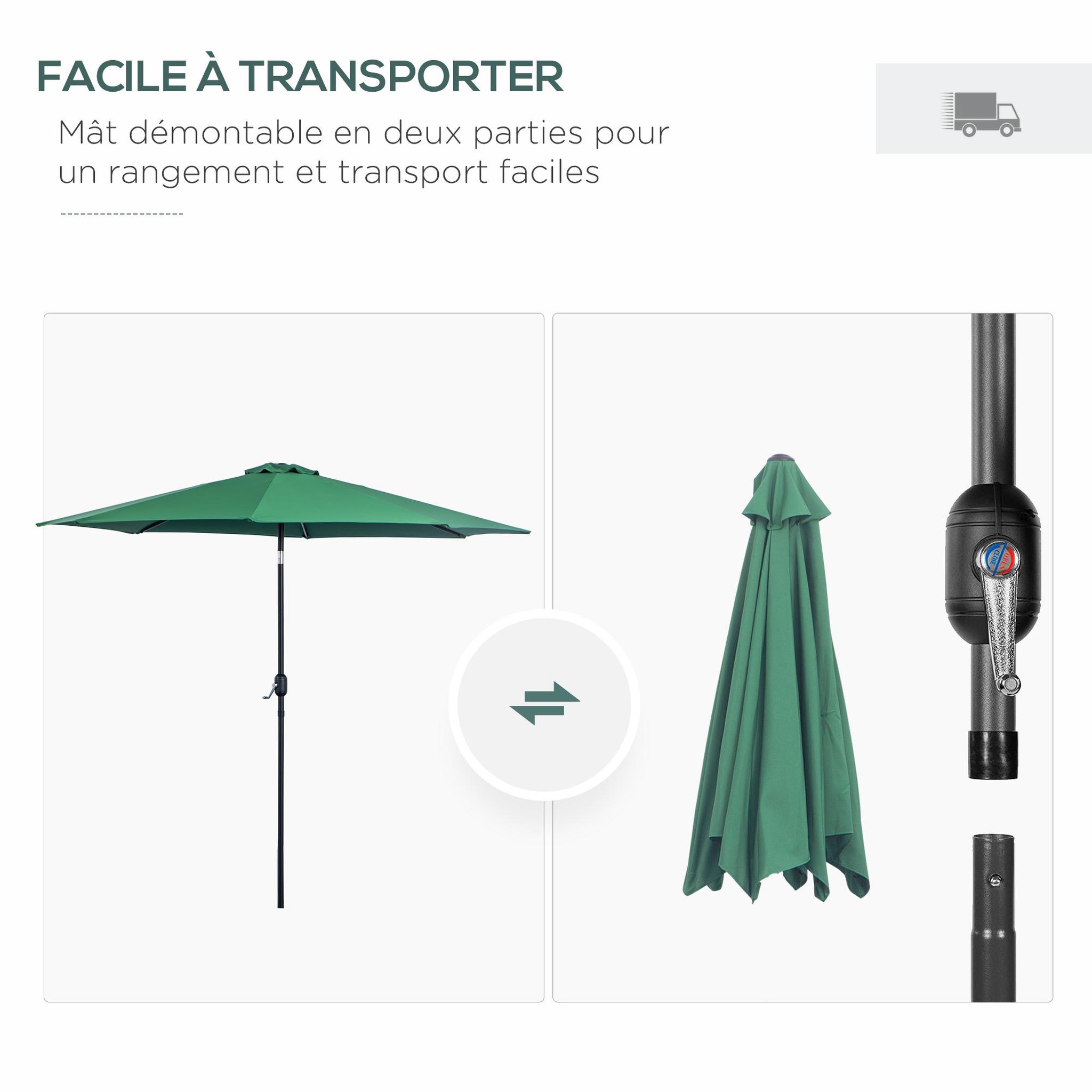Voir la diapositive 6 : OUTSUNNY Parasol en métal rond polyester 180g/m² manivelle inclinable Ø 3 x 2,45 m vert