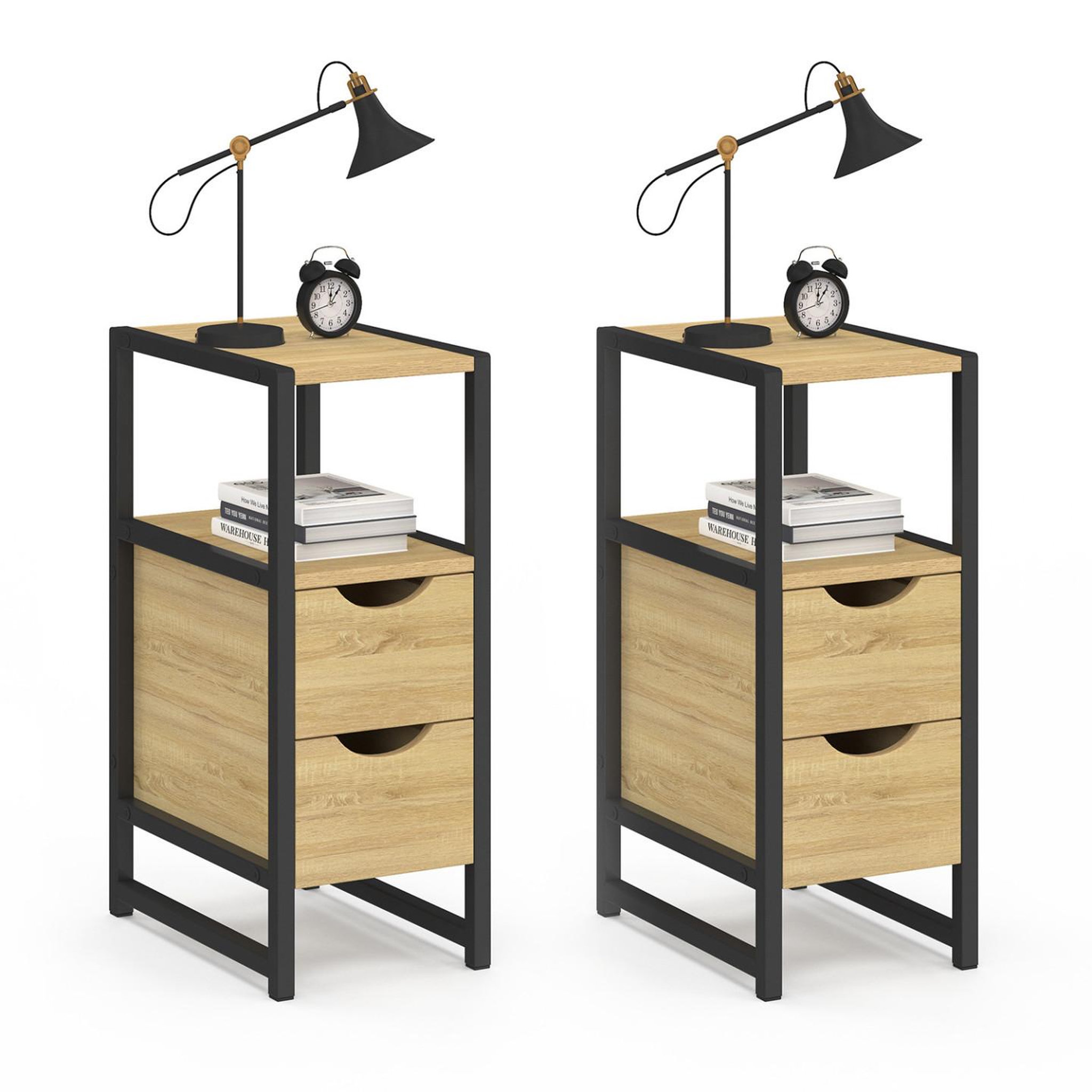 ID MARKET Lot de 2 tables de chevet detroit 2 tiroirs et 1 niche bois et métal noir design industriel