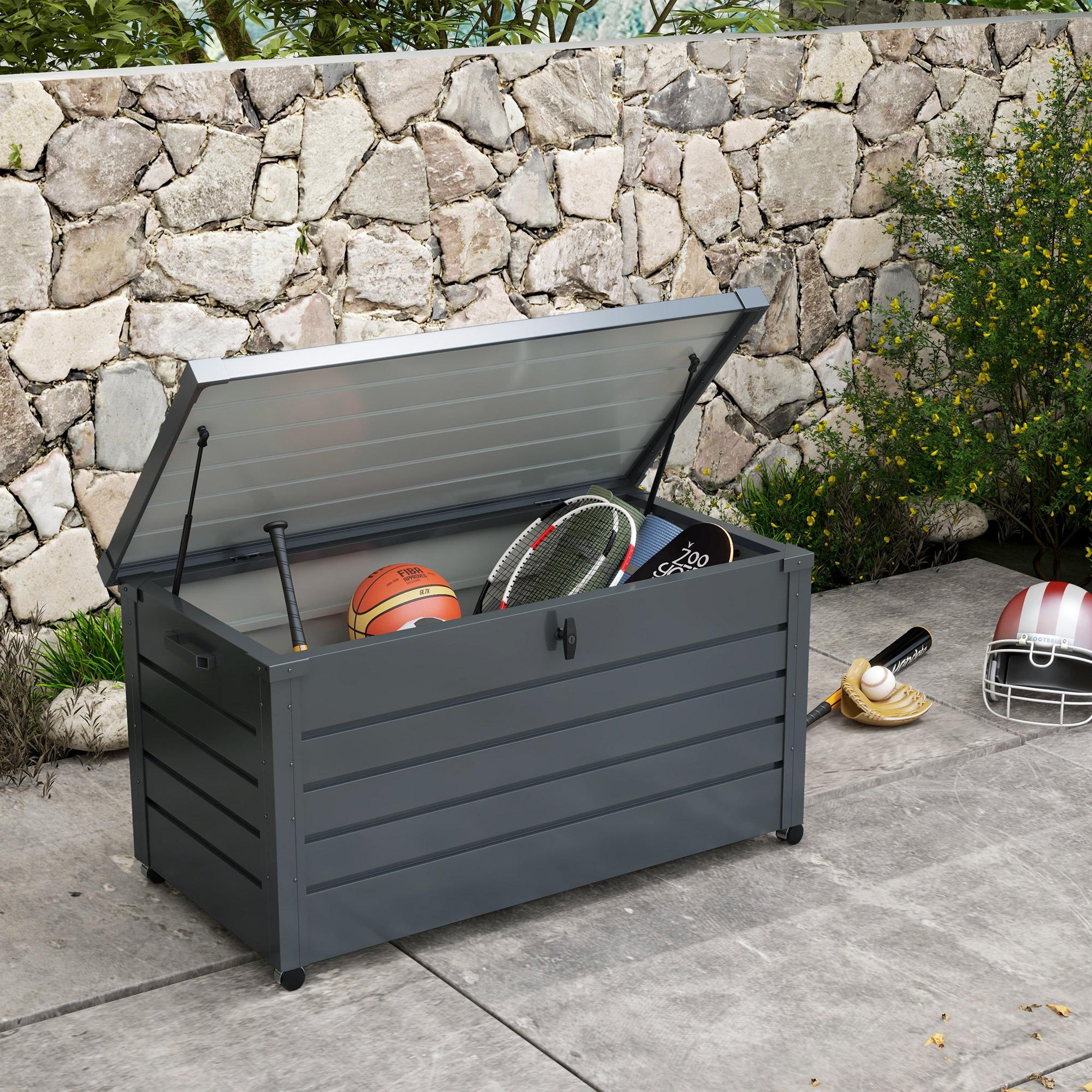 Voir la diapositive 2 : OUTSUNNY Coffre de jardin grande taille 311L verrouillable - roulettes, poignées, vérins gaz - acier anthracite