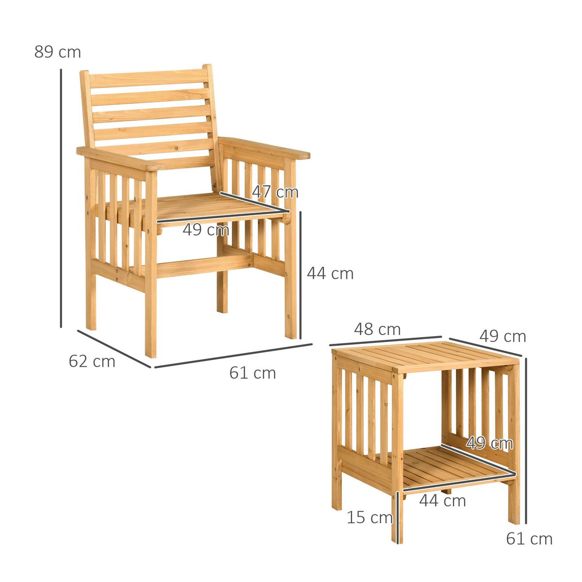 OUTSUNNY Ensemble salon de jardin 2 personnes 3 pièces avec 2 coussins sapin pré-huilé polyester crème