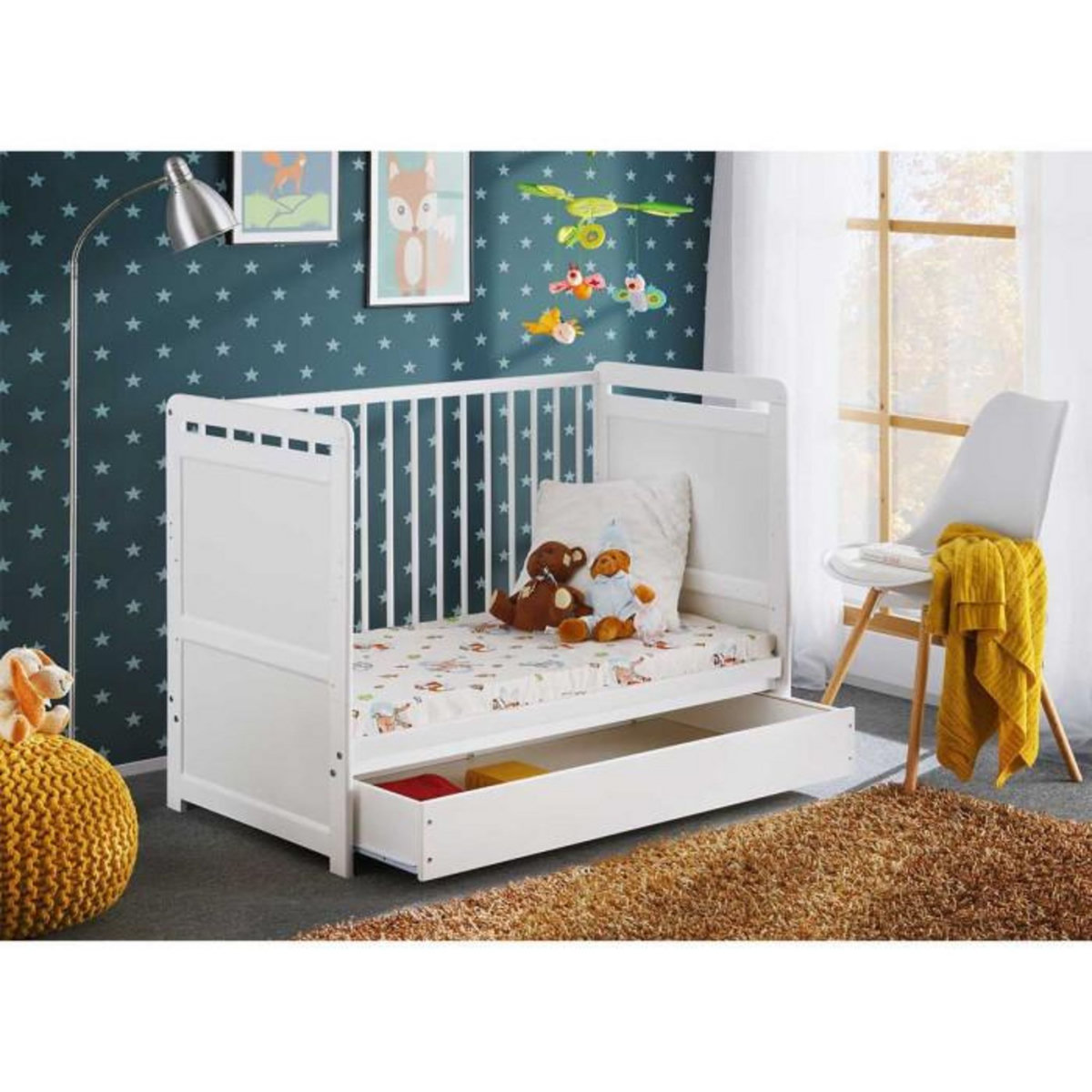 Paris Prix Lit Bébé, Matelas & Tiroir de Lit  Tymek  124cm Blanc
