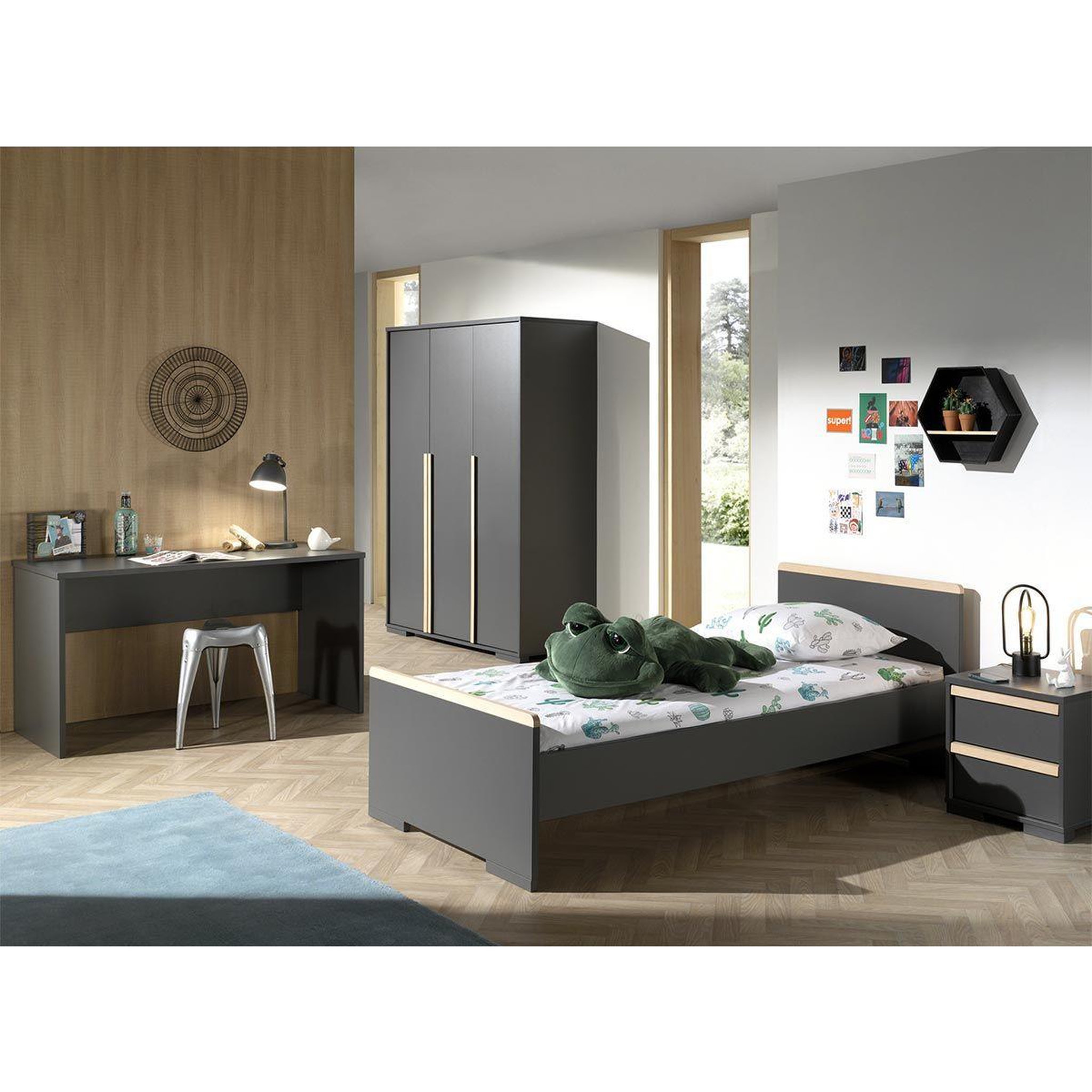 Voir la diapositive 1 : Paris Prix Pack - Lit Enfant, Chevet, Armoire & Bureau  London  Gris Anthracite