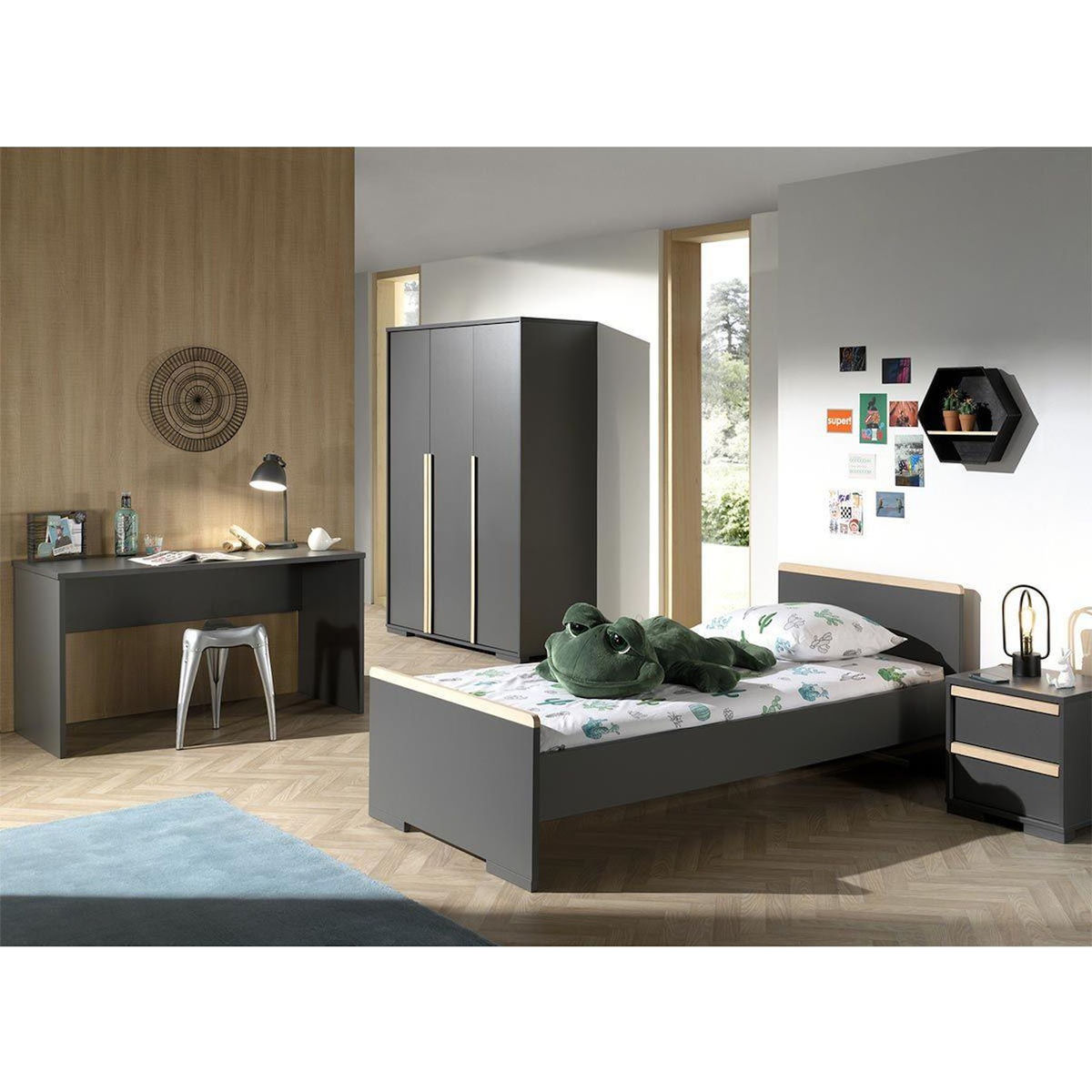 Paris Prix Pack - Lit Enfant, Chevet, Armoire & Bureau  London  Gris Anthracite