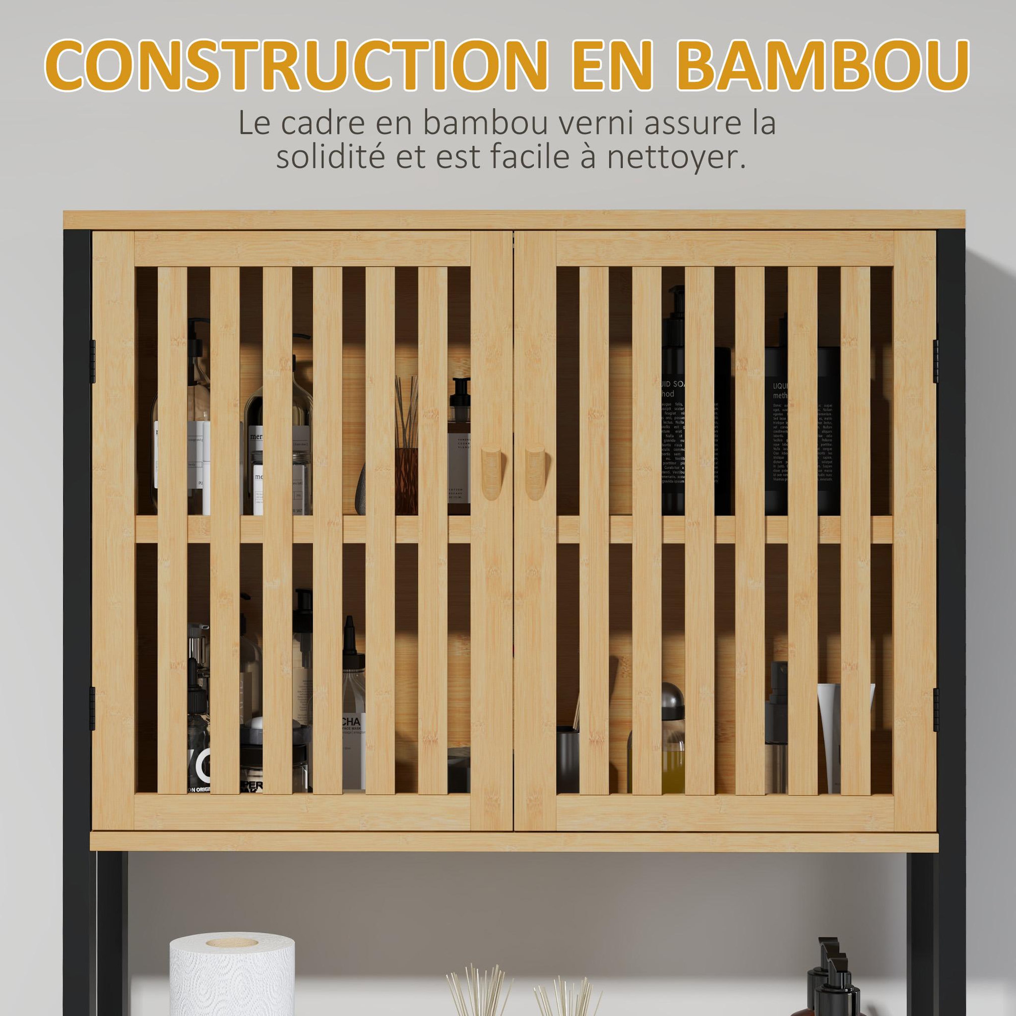 Voir la diapositive 6 : KLEANKIN Meuble étagère dessus wc - 2 portes, 2 étagères - mdf noir bois bambou verni