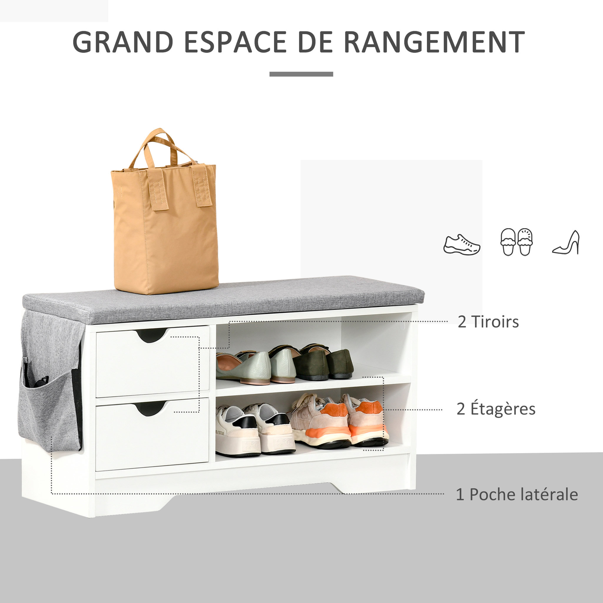 Voir la diapositive 4 : HOMCOM Meuble chaussures et banc à chaussures avec coussin gris 2 étagères et 2 tiroirs MDF 80,5 x 30,5 x 43,5 cm gris et blanc