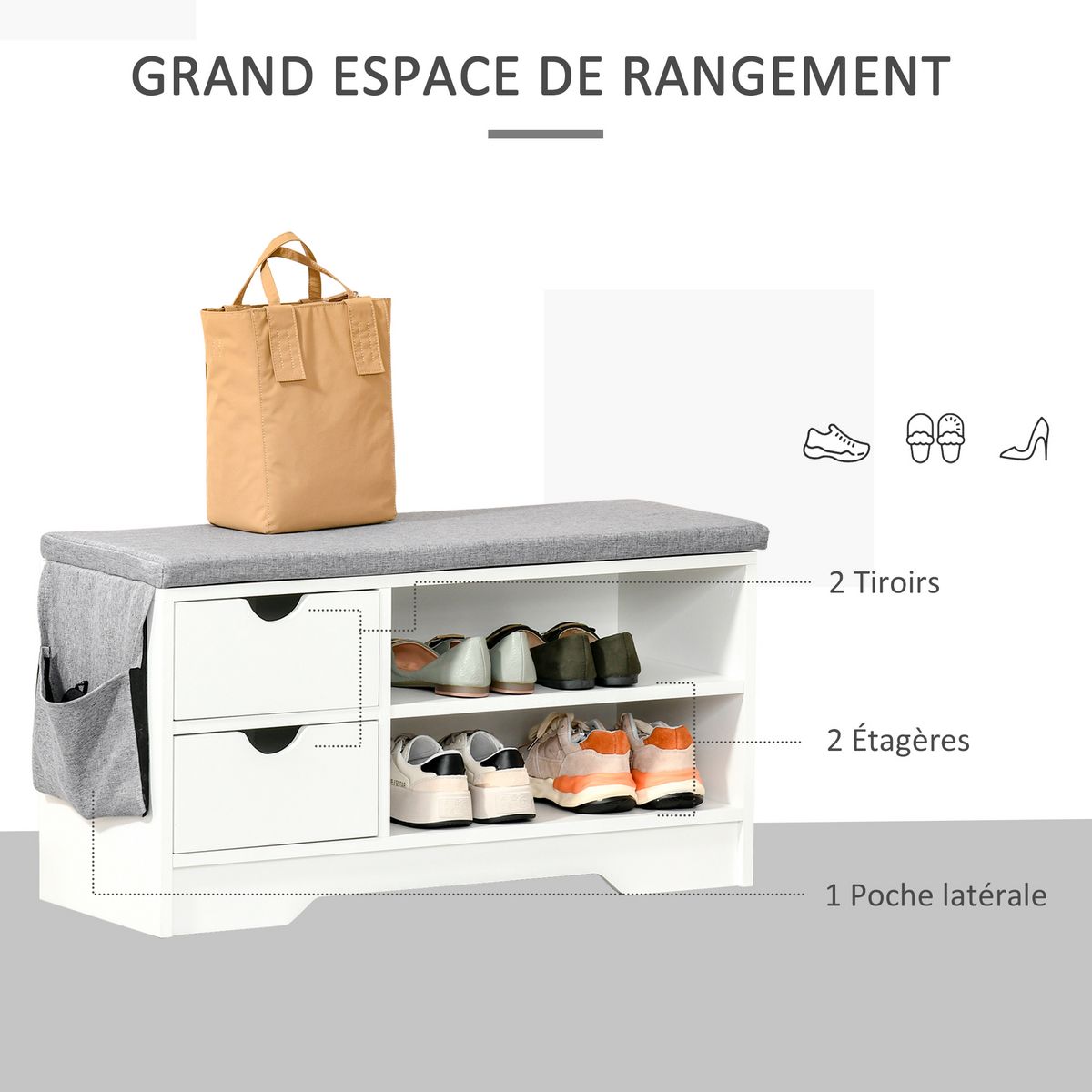 HOMCOM Meuble chaussures et banc à chaussures avec coussin gris 2 étagères et 2 tiroirs MDF 80,5 x 30,5 x 43,5 cm gris et blanc