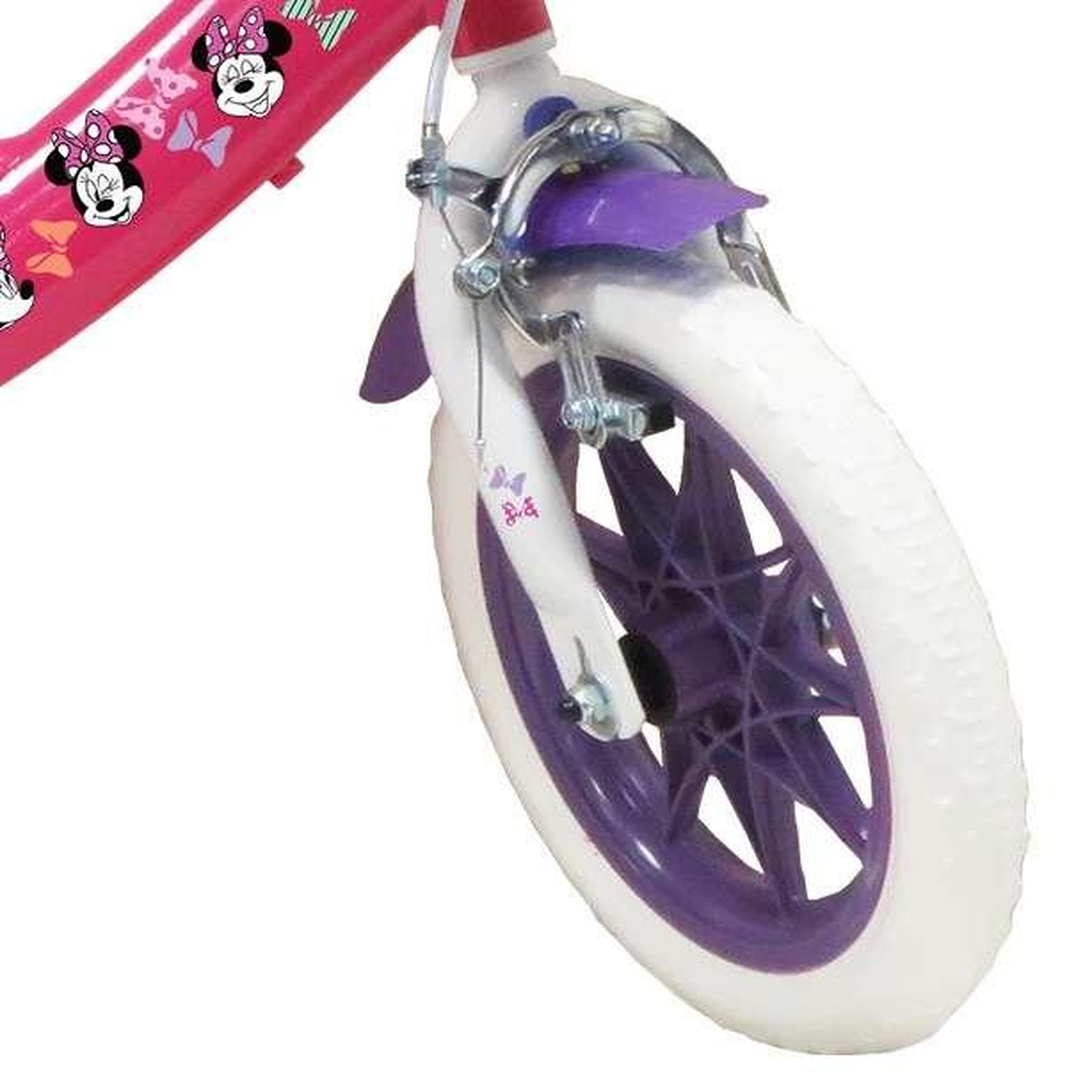 Voir la diapositive 3 : Disney Minnie Vélo enfant - Modèle 12'' Minnie de Disney + Casque pour enfant de 85/100 cm avec stabilisateurs - 1 frein - Panier avant - Porte poupée arrière et roues batons