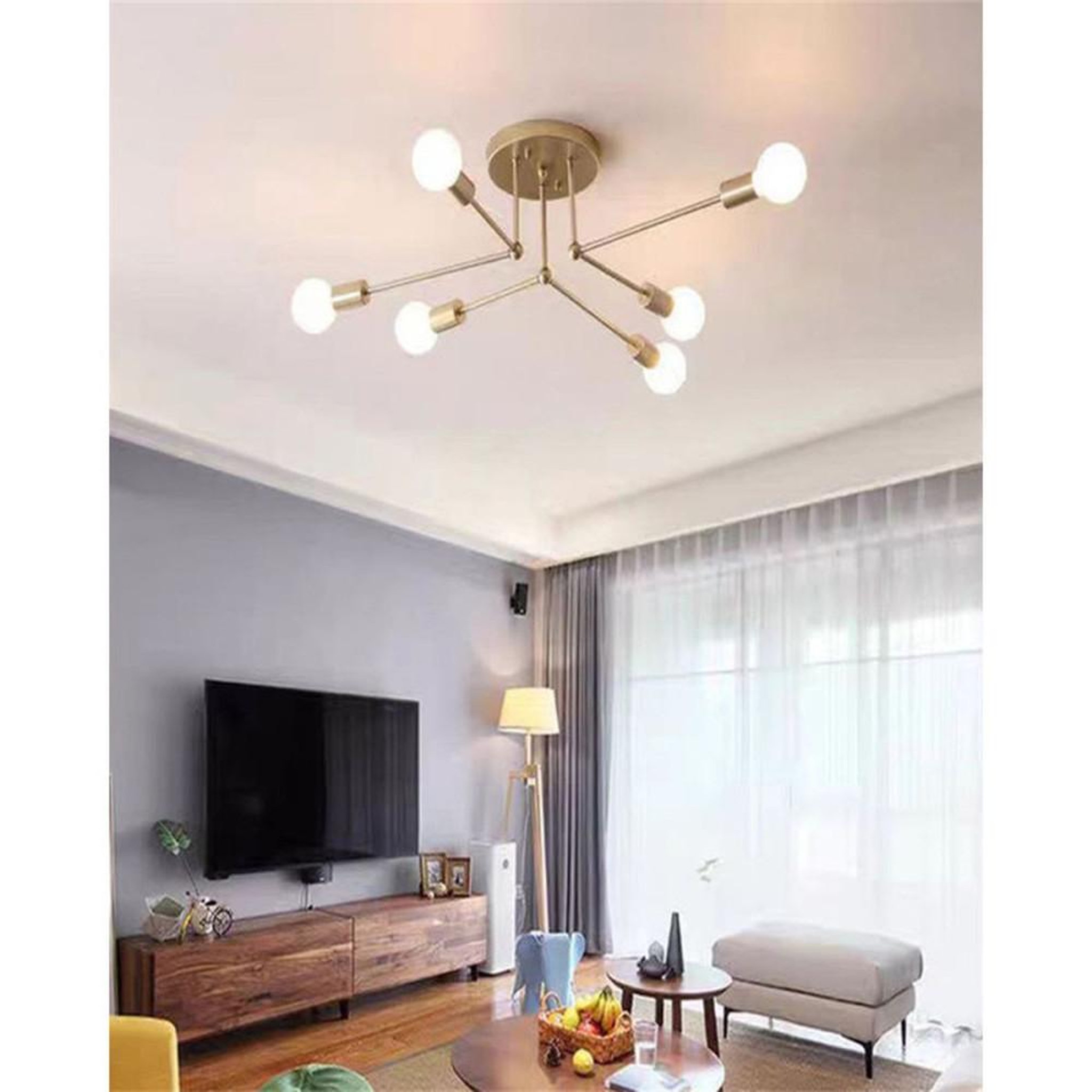 Voir la diapositive 2 : Lustre suspension style nordique moderne 6 lampes à finition dorée, verre transparent, ampoules LED E27