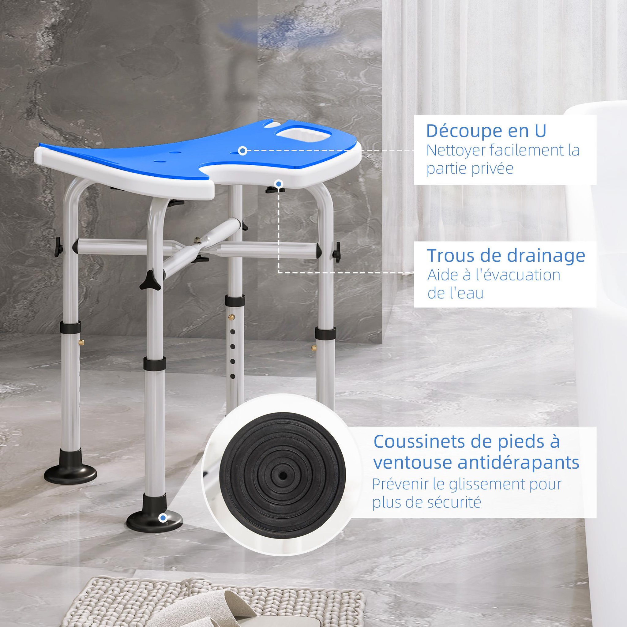 Voir la diapositive 4 : HOMCOM Tabouret de douche - siège de douche avec barre d'appui ventouse - hauteur réglable - alu hdpe bleu blanc