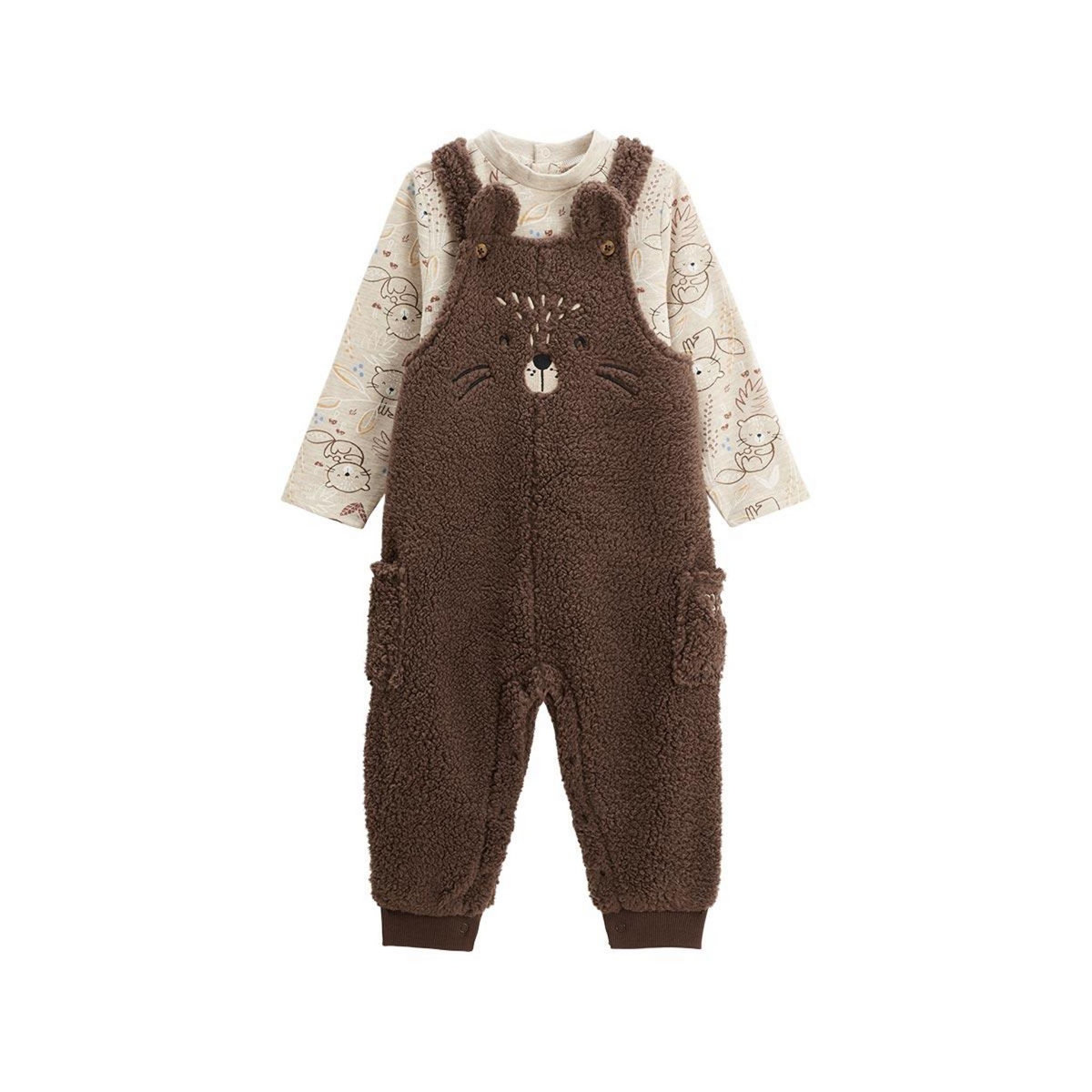 Petit Béguin Ensemble salopette bébé en sherpa et t-shirt Cracotte