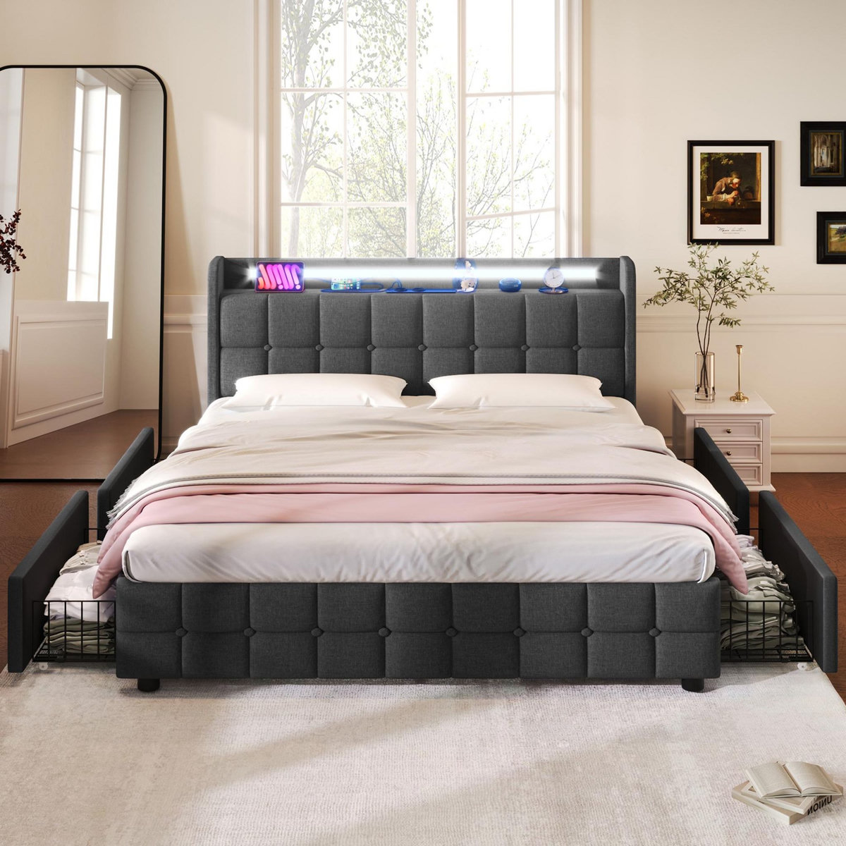 MERAX Lit avec sommier et tiroirs Gris