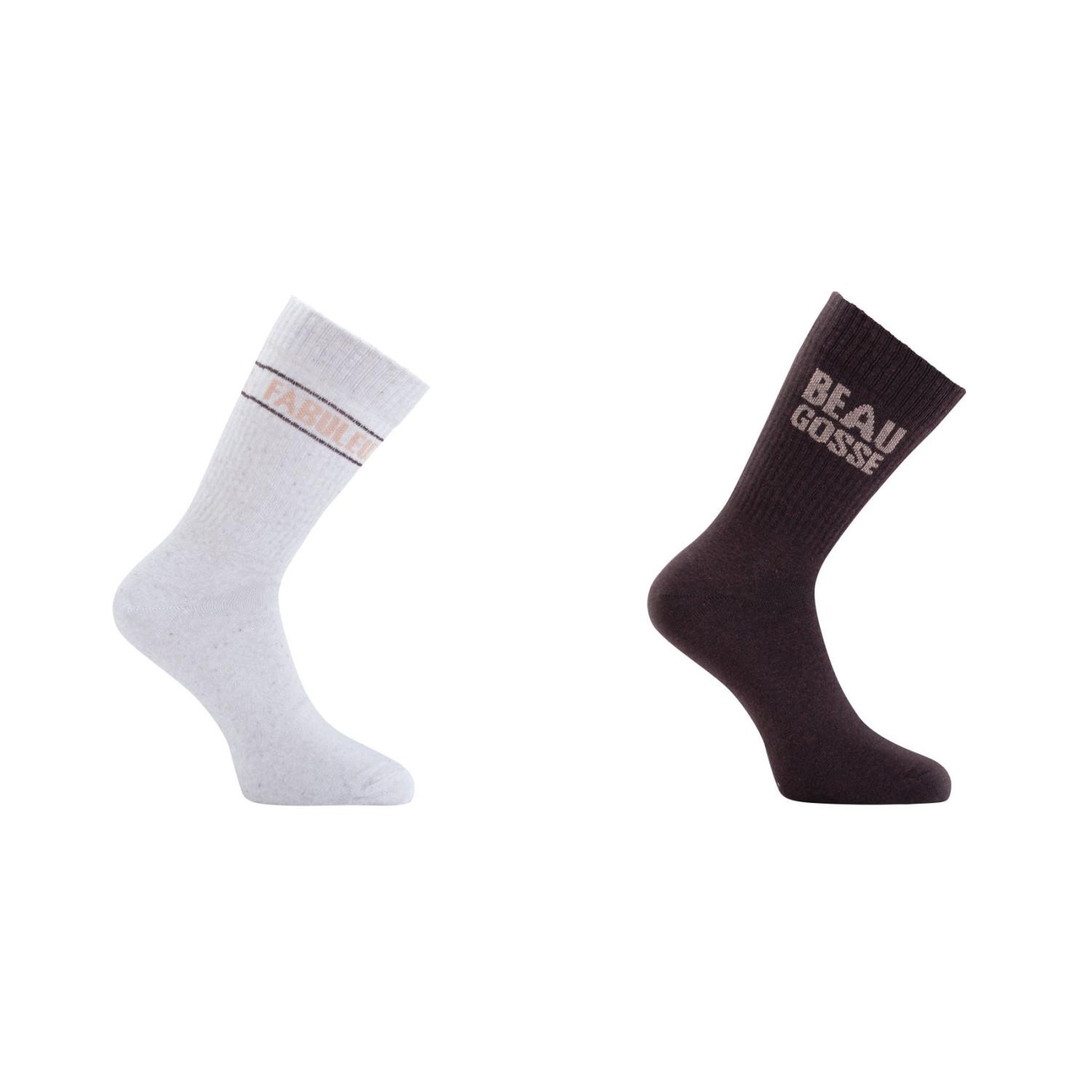TWINDAY Lot de 2 paires de chaussettes homme type tennis fabuleux/beau gosse. Coloris disponibles : Marron