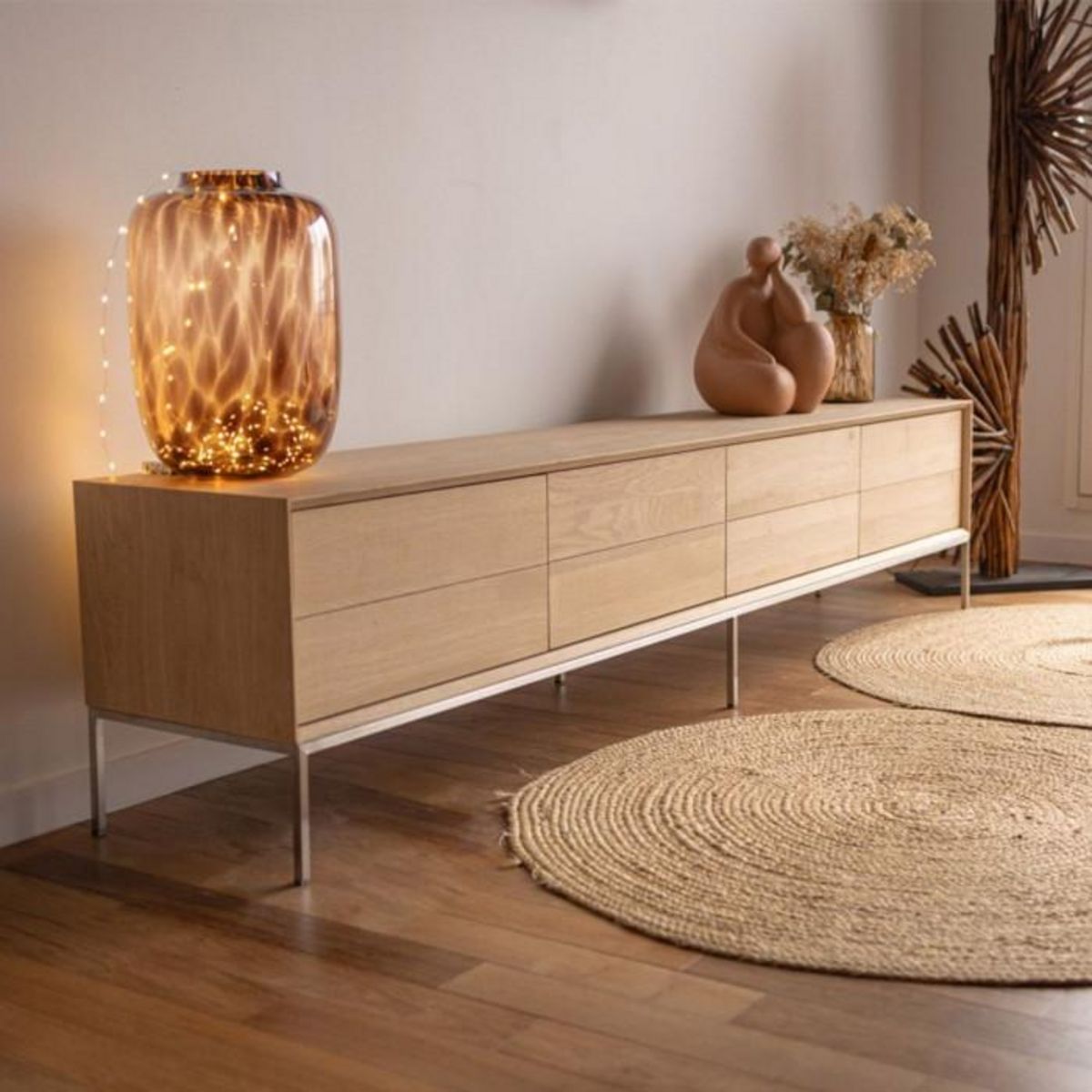 Paris Prix Meuble TV 2 Tiroirs 2 Portes  Kubico  225cm Chêne Massif