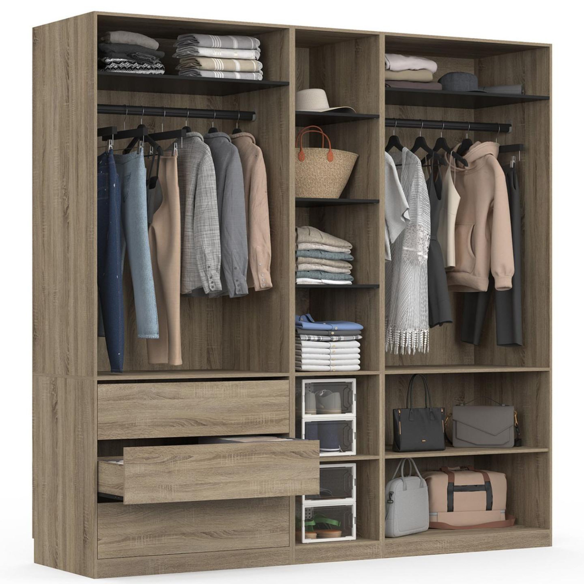ID MARKET Dressing modulable taylor 200 x 55 x 200 cm 3 modules avec penderies + étagères + tiroirs hêtre et noir