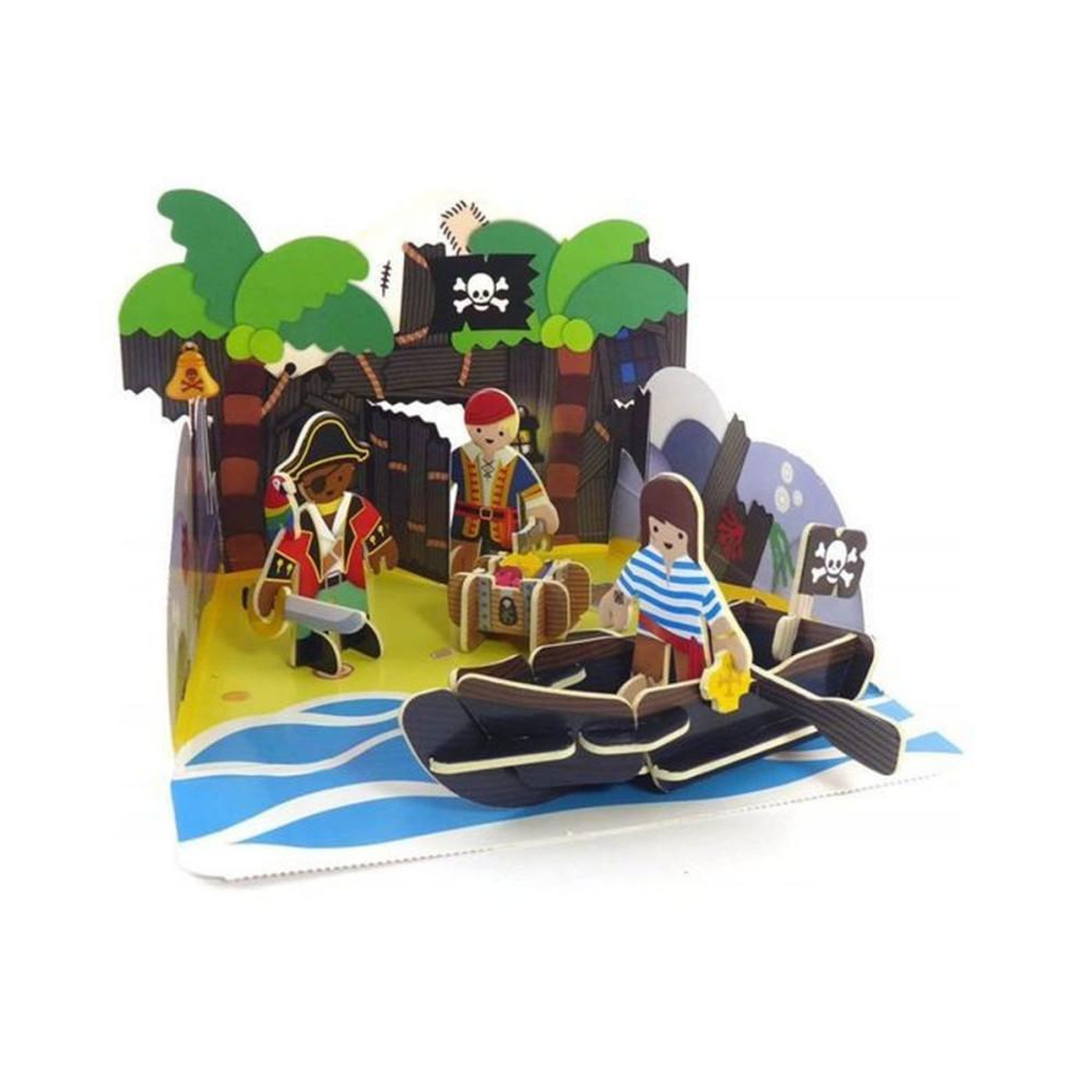 Voir la diapositive 2 : Jeu de construction Île de pirate, 35 pièces avec 3 pirates, bateau et coffre au trésor