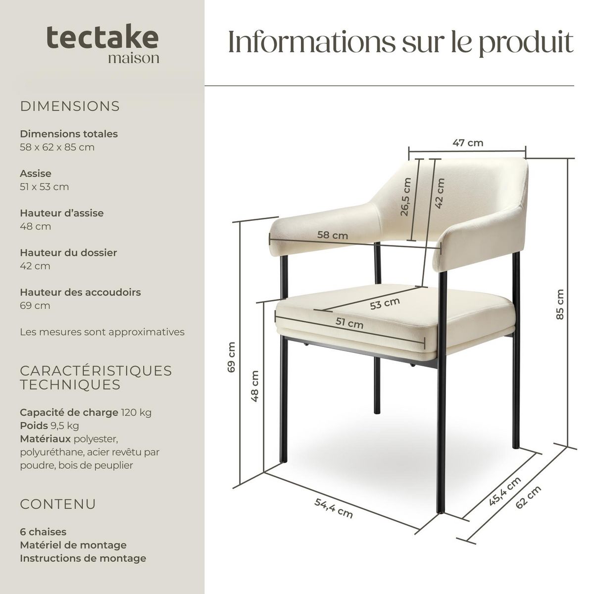 tectake Fauteuil rembourré Aspect velours blanc cassé Lot de 6