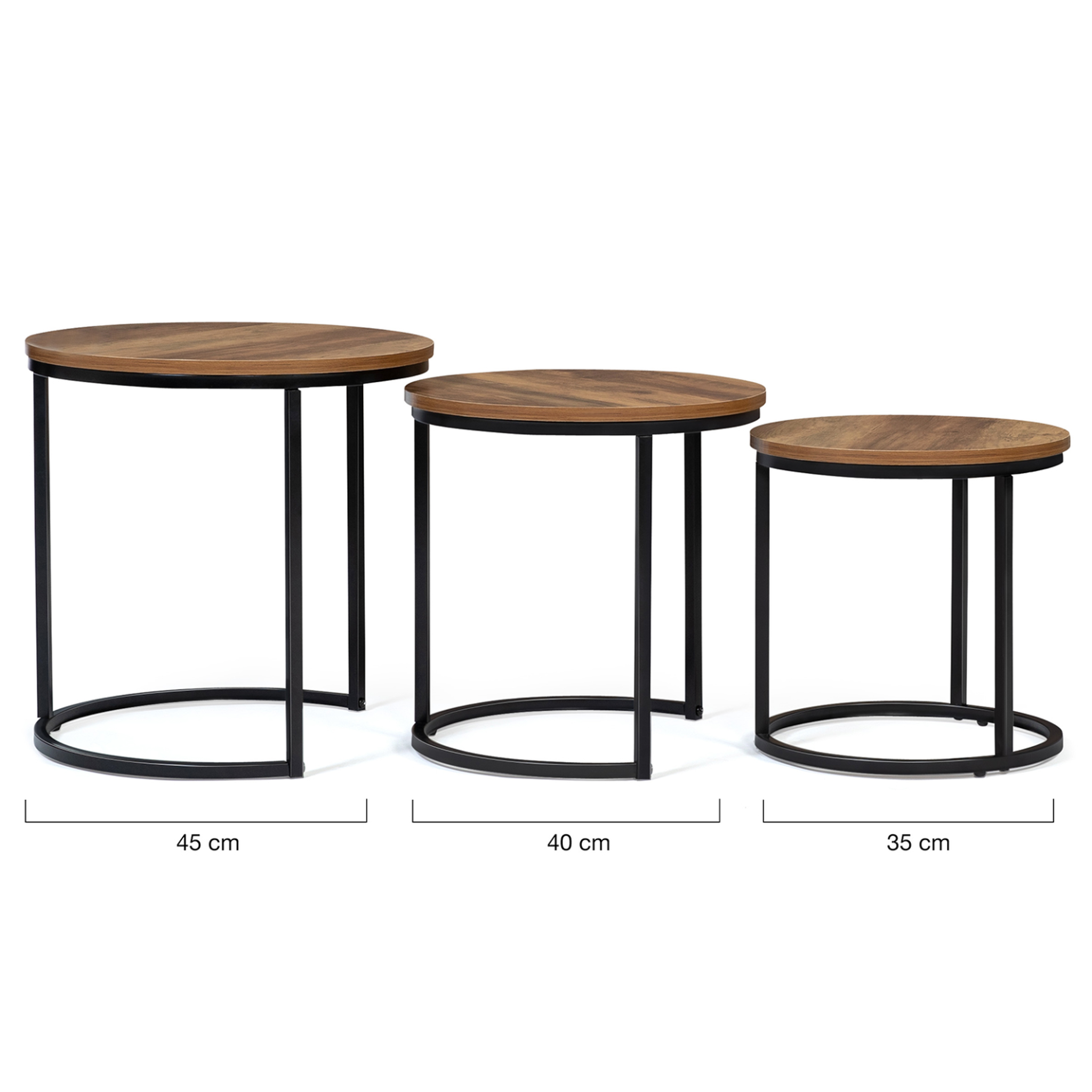 Voir la diapositive 5 : ID MARKET Lot de 3 tables basses gigognes hawkins rondes 30/40/45 bois foncé design industriel