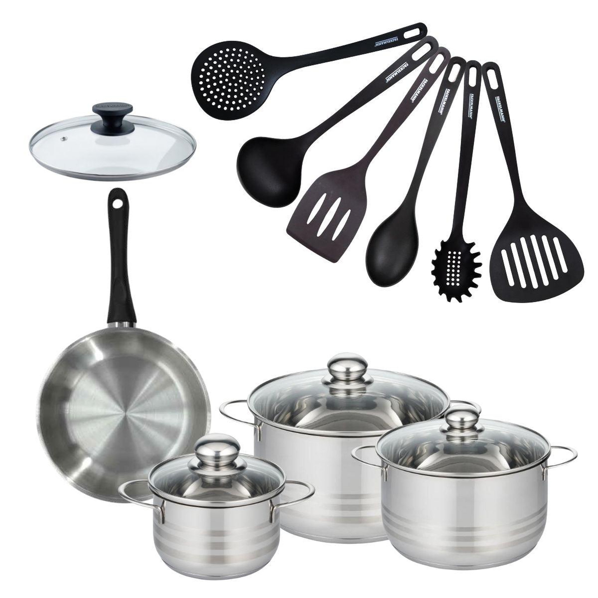 Fackelmann Batterie de cuisine 1 poêle 20 cm et couvercle, 3 faitouts 16/20/24 cm et 6 ustensiles de cuisine fackelmann geneva