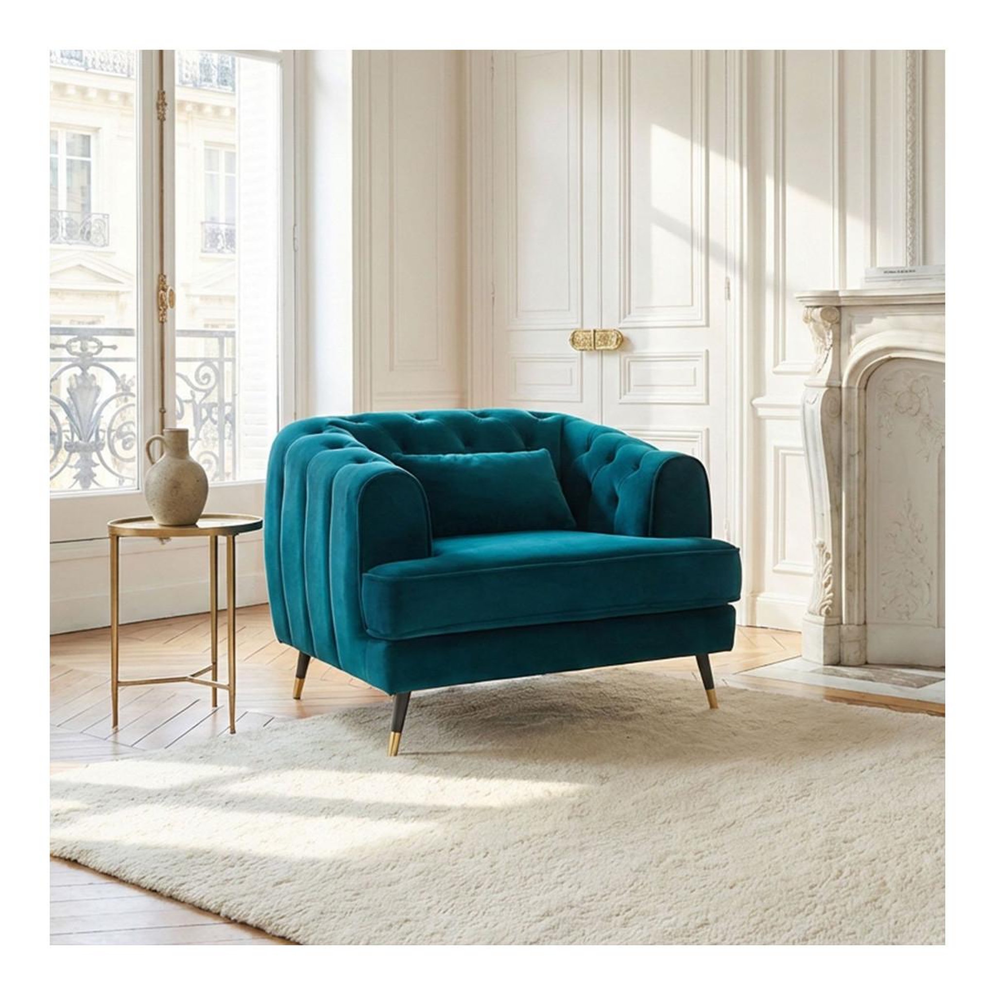 Voir la diapositive 4 : Paris Prix Fauteuil Capitonné en Velours  Glamour  93cm Bleu