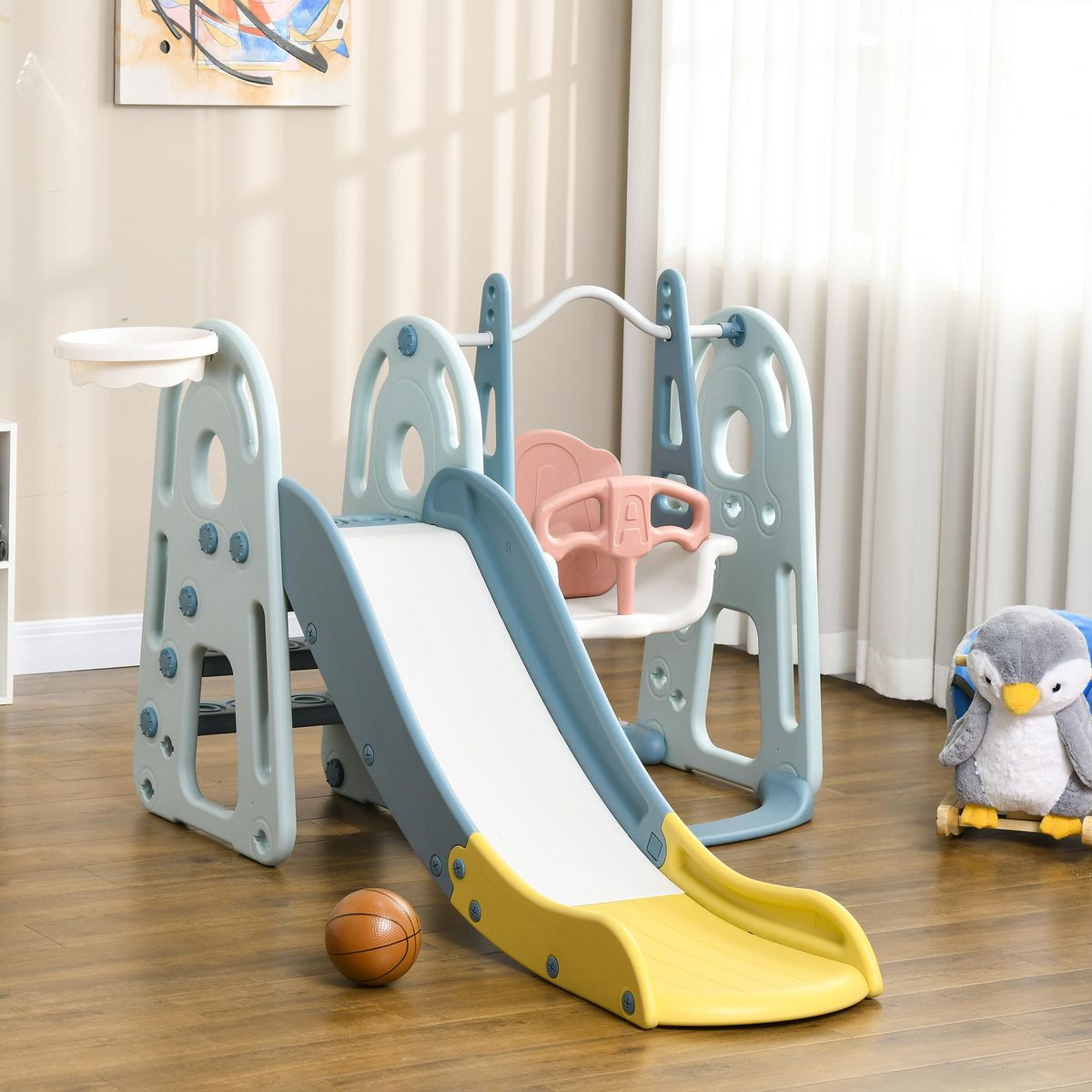 HOMCOM Portique enfant toboggan et balançoire avec panier de basket-ball aire de jeux 3 en 1 usage intérieur et extérieur dim. 200 x 150 x 100 cm