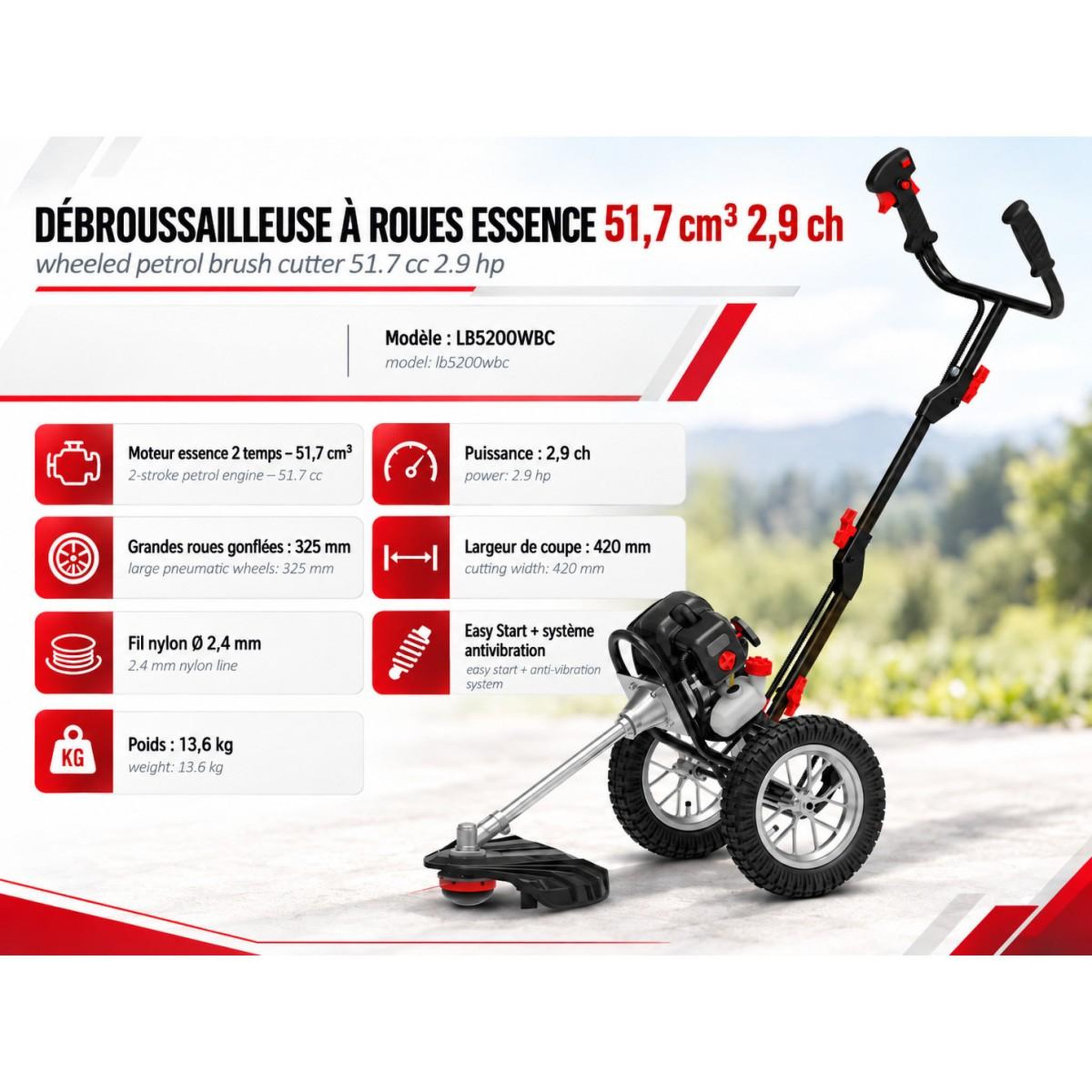 Voir la diapositive 2 : BY TONINO LAMBORGHINI GARDEN MACHINERY Débroussailleuse Thermique à Roues Essence 51.7Cm3 2,9CV Coupe 42cm Anti vibrations Démarrage facile Guidon pliable Lamborghini