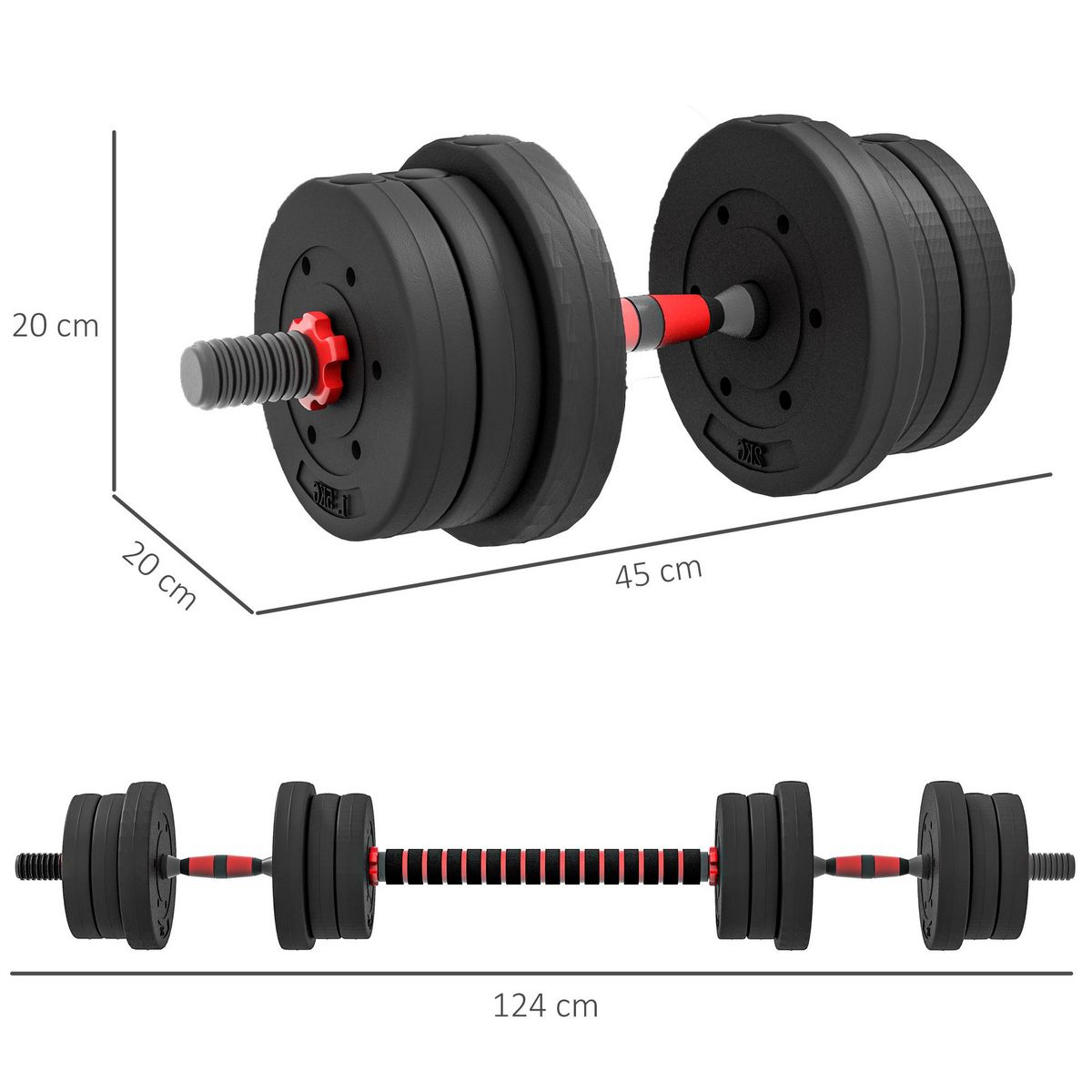 HOMCOM Ensemble d'haltères courtes total 20 Kg - barres incluses - entraînement musculaire & haltérophilie - acier HDPE noir rouge