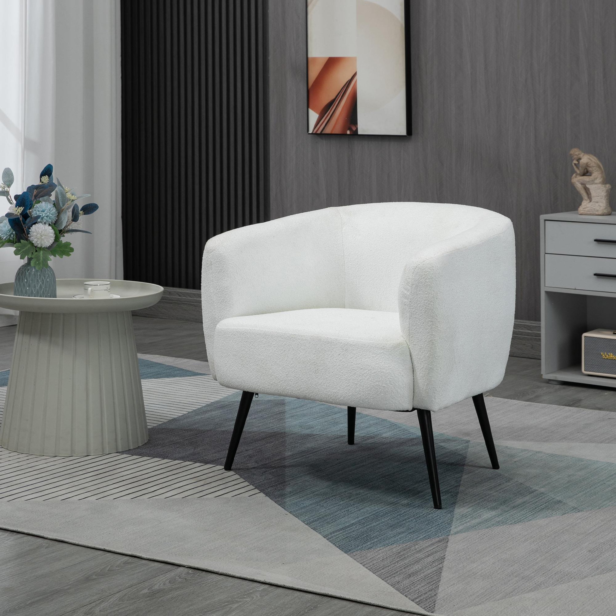 Voir la diapositive 2 : HOMCOM Fauteuil lounge design - piètement effilé incliné métal noir - revêtement effet laine bouclée blanc cassé