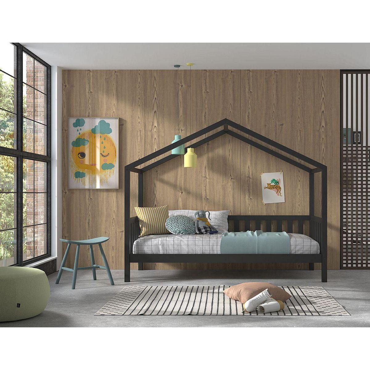 Lit cabane en bois massif avec barrières 90x200 cm ATLANTA