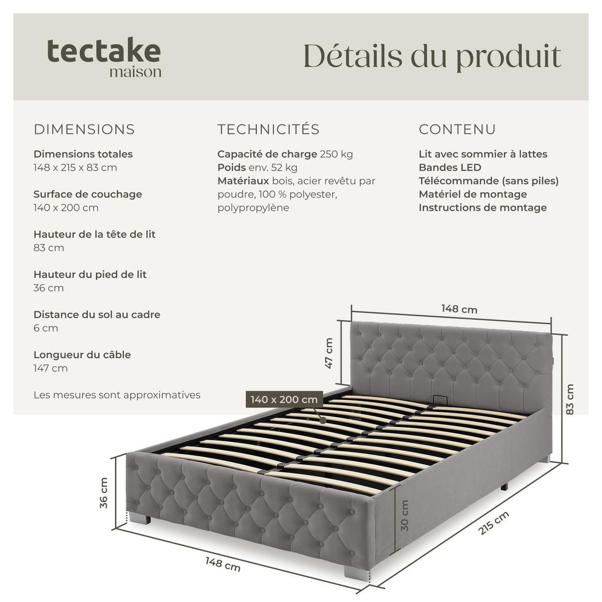 tectake Lit rembourré En aspect velours avec motif matelassé gris foncé 140 x 200 cm
