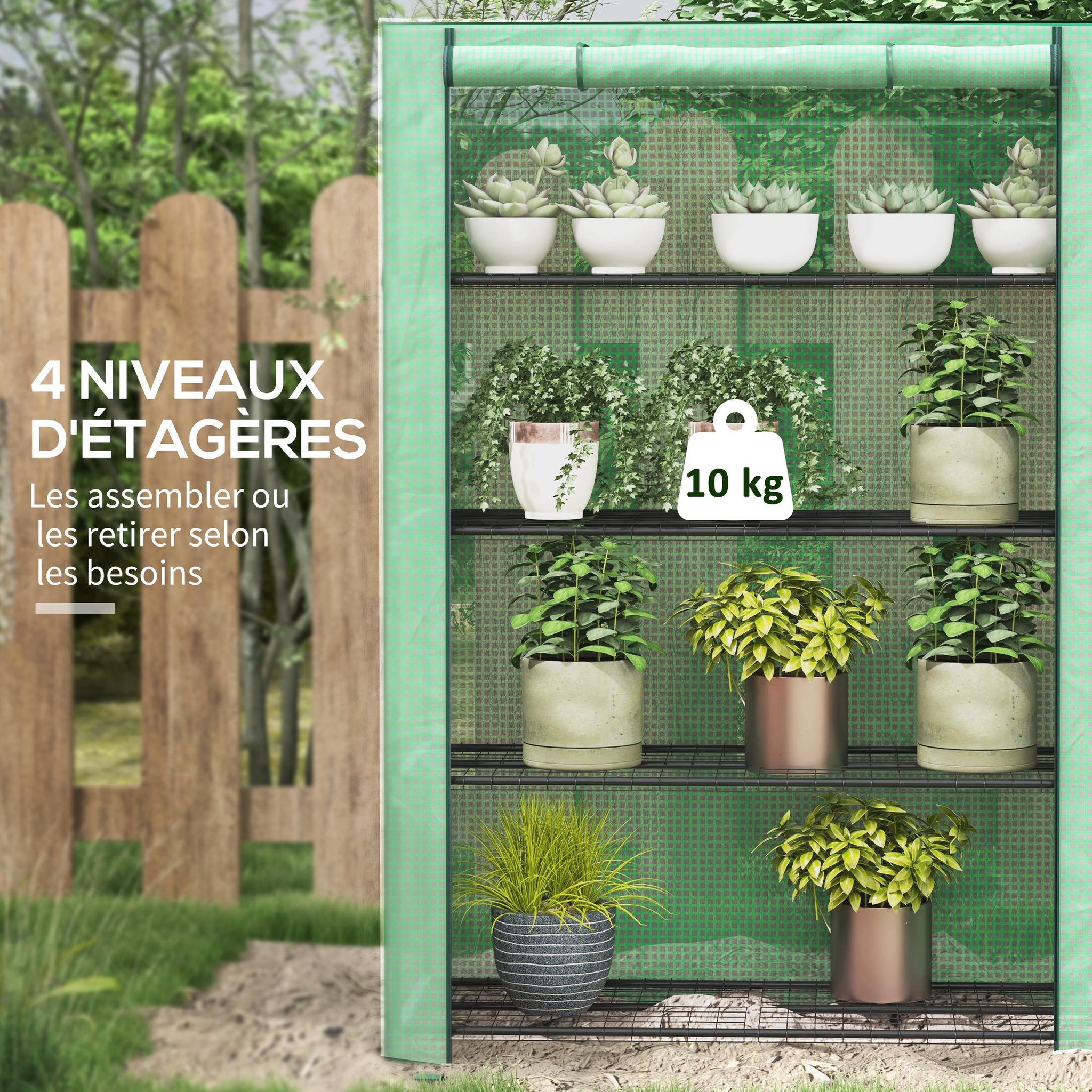 Voir la diapositive 5 : OUTSUNNY Mini serre de jardin serre de balcon serre à 4 étages avec châssis en acier & bâche en pe renforcée, intérieur et extérieur portable porte enroulable, 120 x 50 x 170 cm, vert