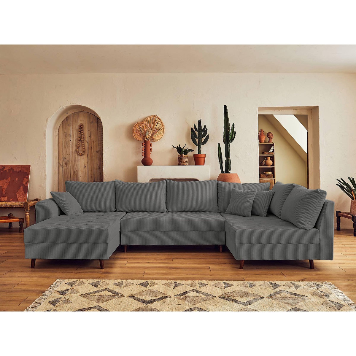 LISA DESIGN Rune - canapé panoramique d'angle droit - 7 places - avec pouf d'appoint - en velours côtelé