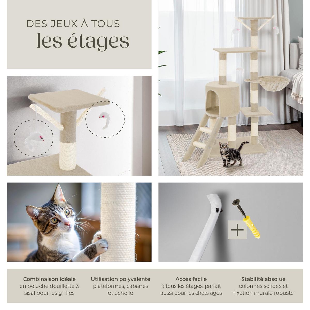 tectake Arbre à chat 144 cm avec griffoir et plateforme d'escalade beige