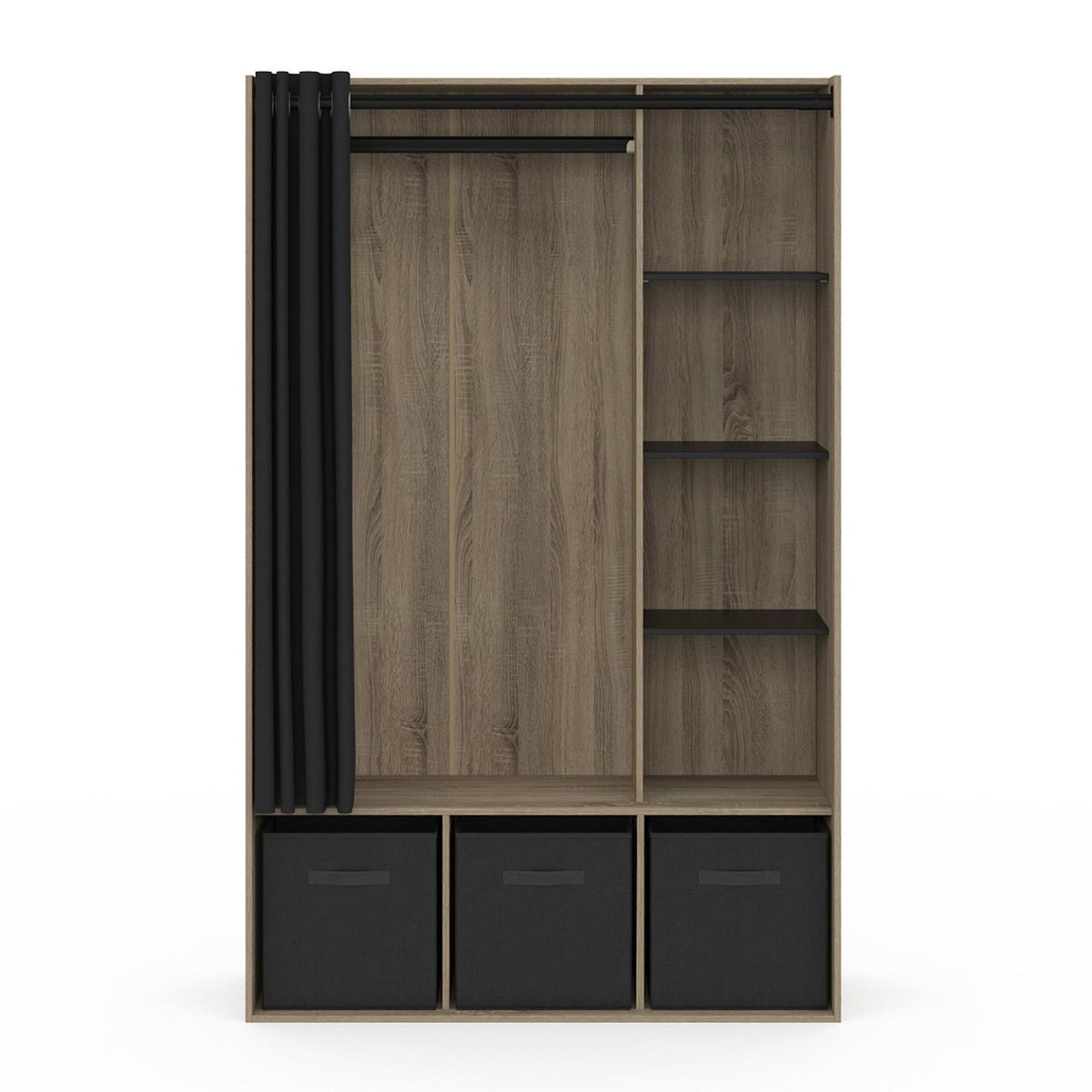ID MARKET Dressing penderie DIANE 105 x 45 x 167 cm hêtre avec étagères + boites de rangement + rideau noir