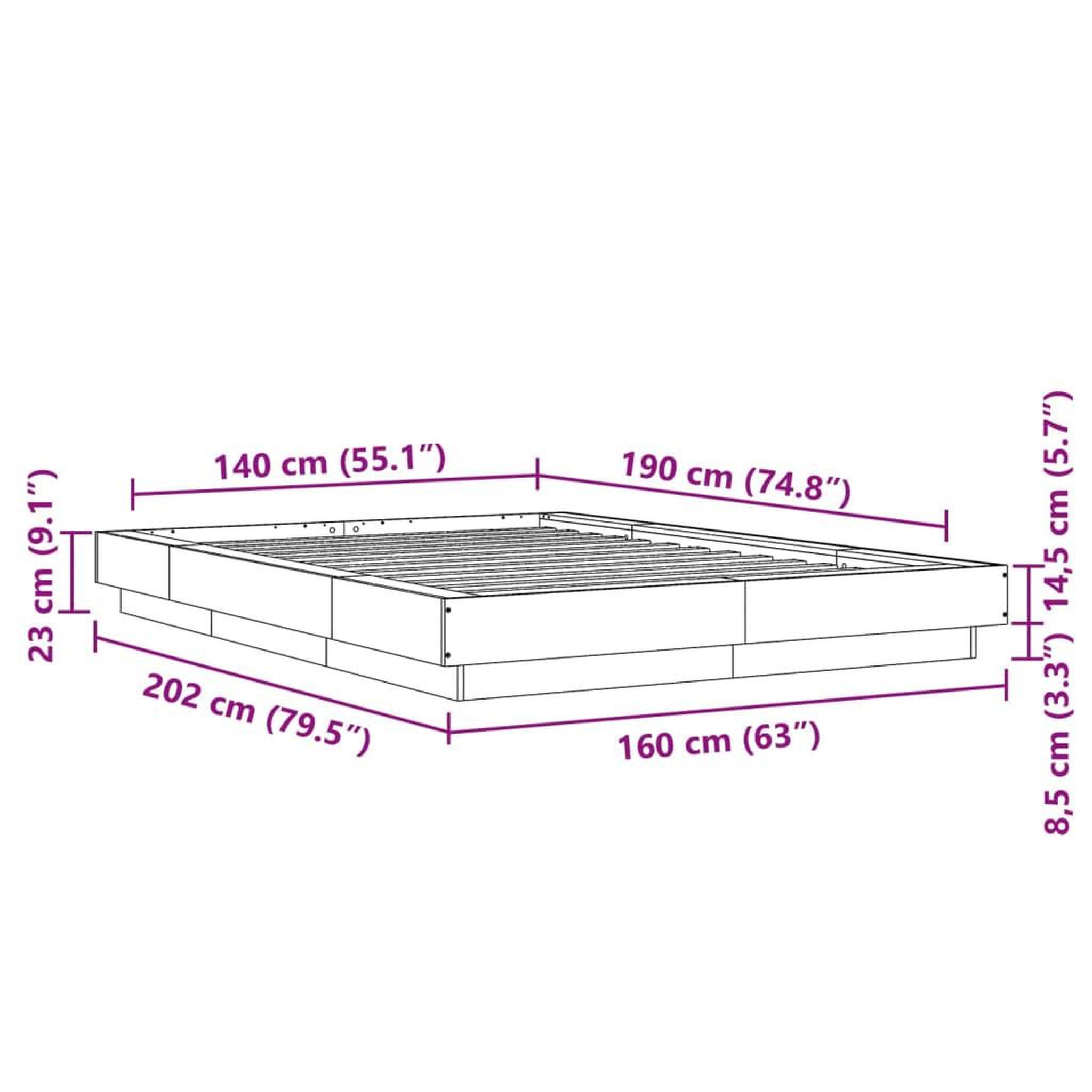Voir la diapositive 6 : VIDAXL Cadre de lit et lumieres LED sans matelas gris beton 140x190 cm