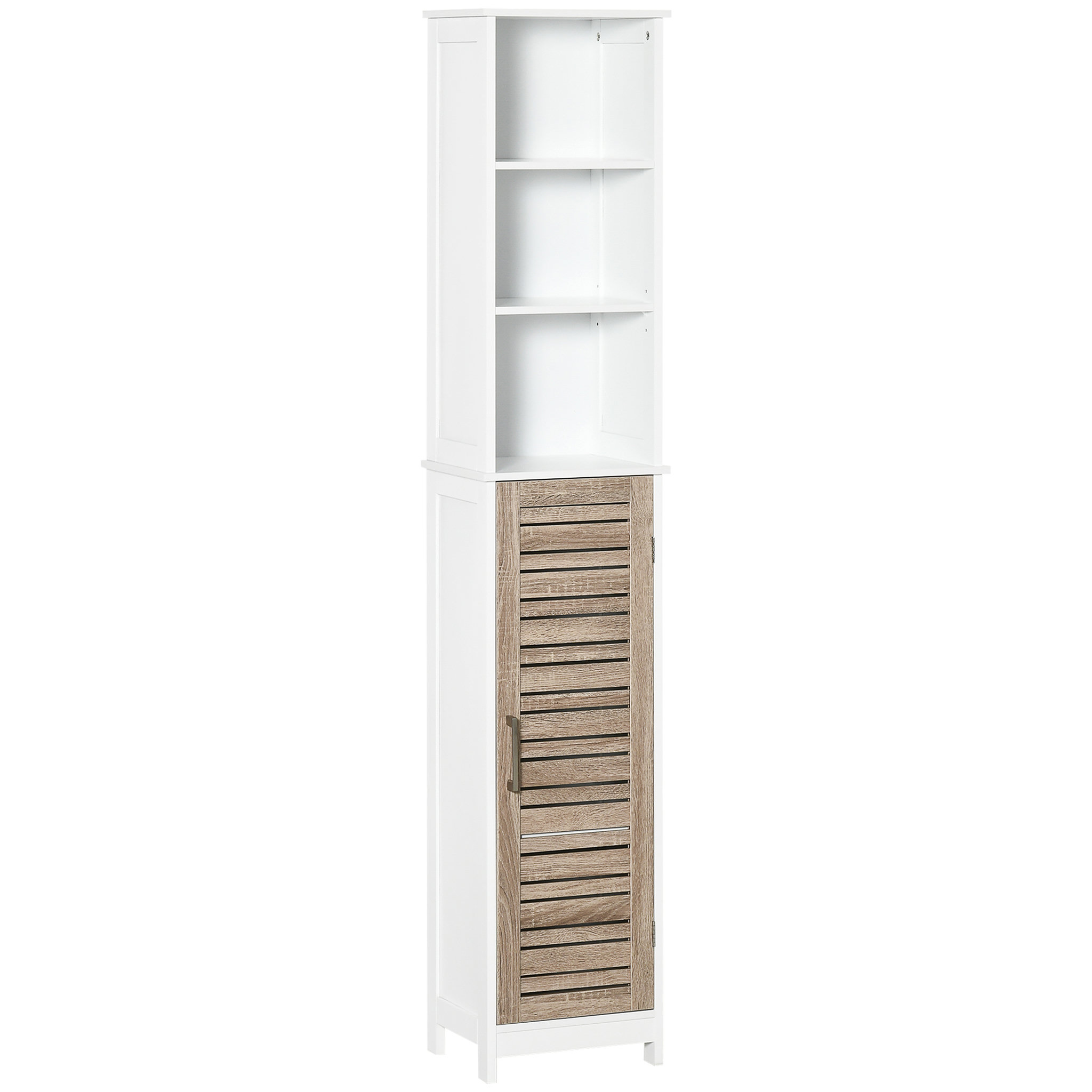 Voir la diapositive 1 : KLEANKIN Meuble colonne rangement salle de bain style cosy dim. 34L x 26l x 172H cm 3 niches porte aspect bois lattes 3 étagères