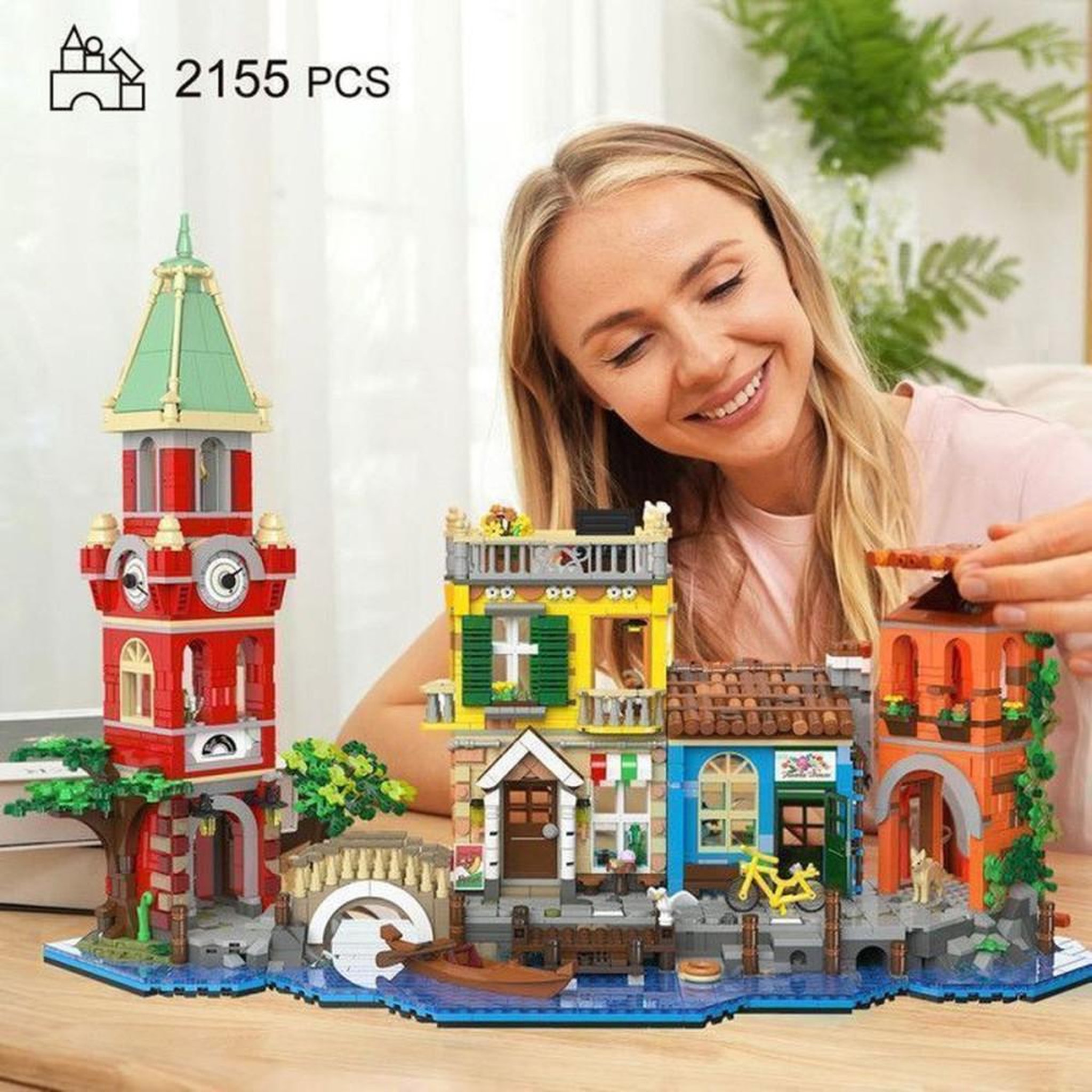 Voir la diapositive 4 : Kit de construction modulaire Venise romantique 2 155 pièces avec éclairage LED, 4 bâtiments, gondole et canal