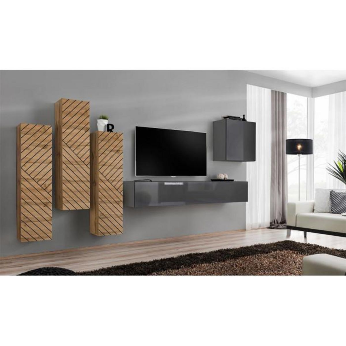 Paris Prix Ensemble Meuble TV  Switch Lamel III  330cm Gris & Naturel
