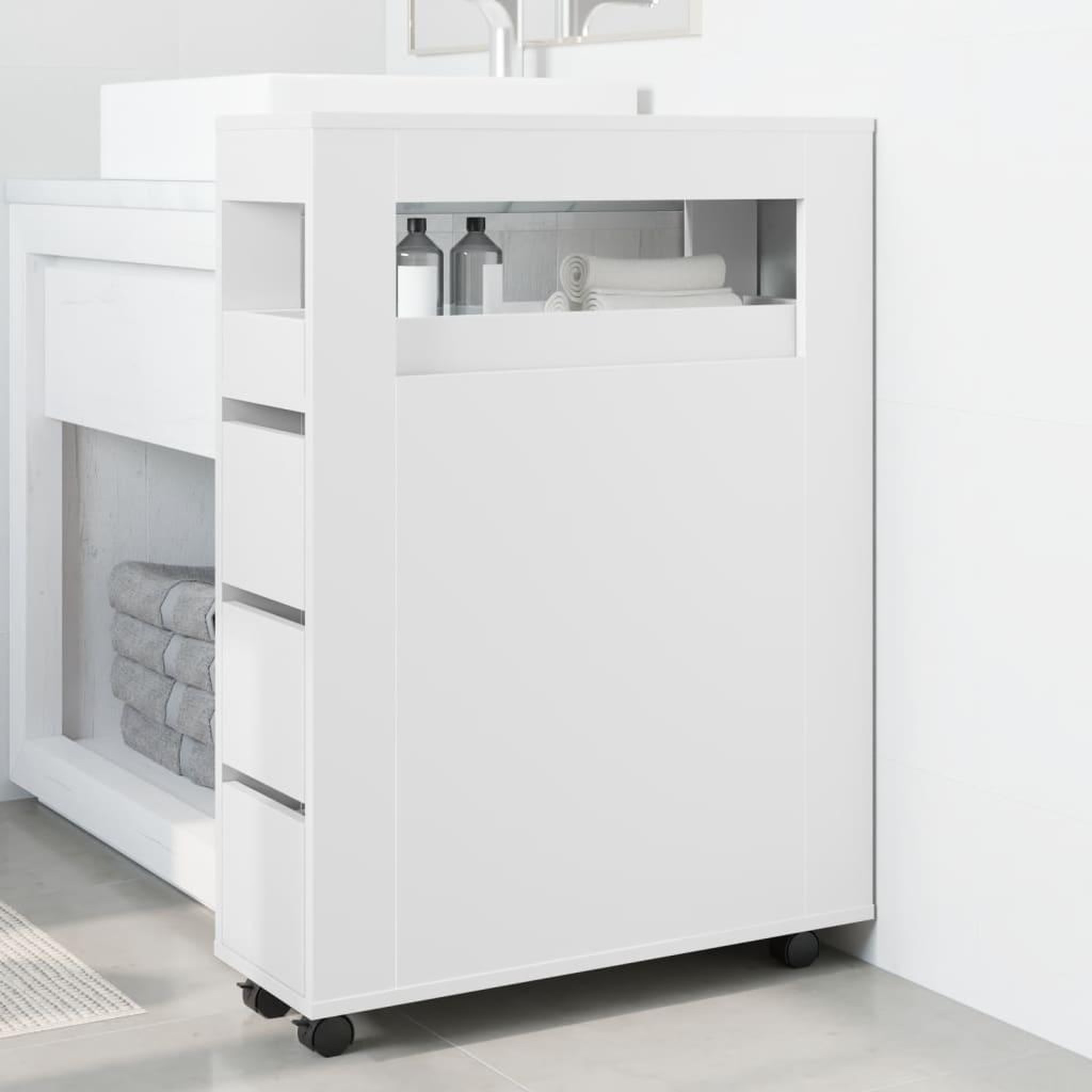 Voir la diapositive 3 : VIDAXL Meuble etroit de salle de bain a roulettes blanc