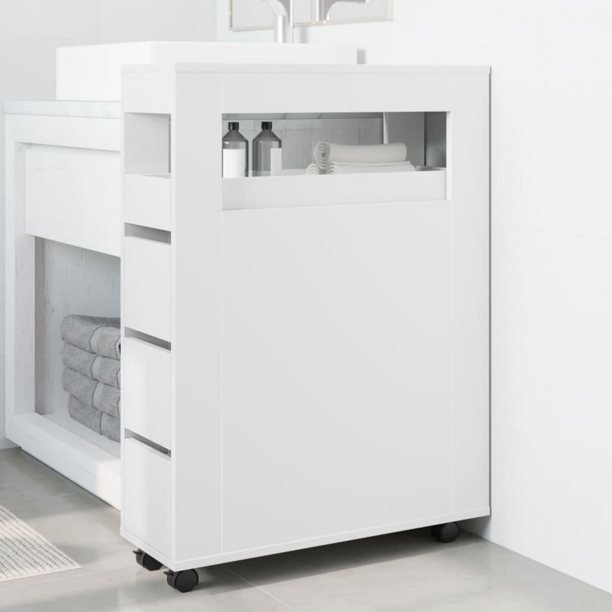 VIDAXL Meuble etroit de salle de bain a roulettes blanc