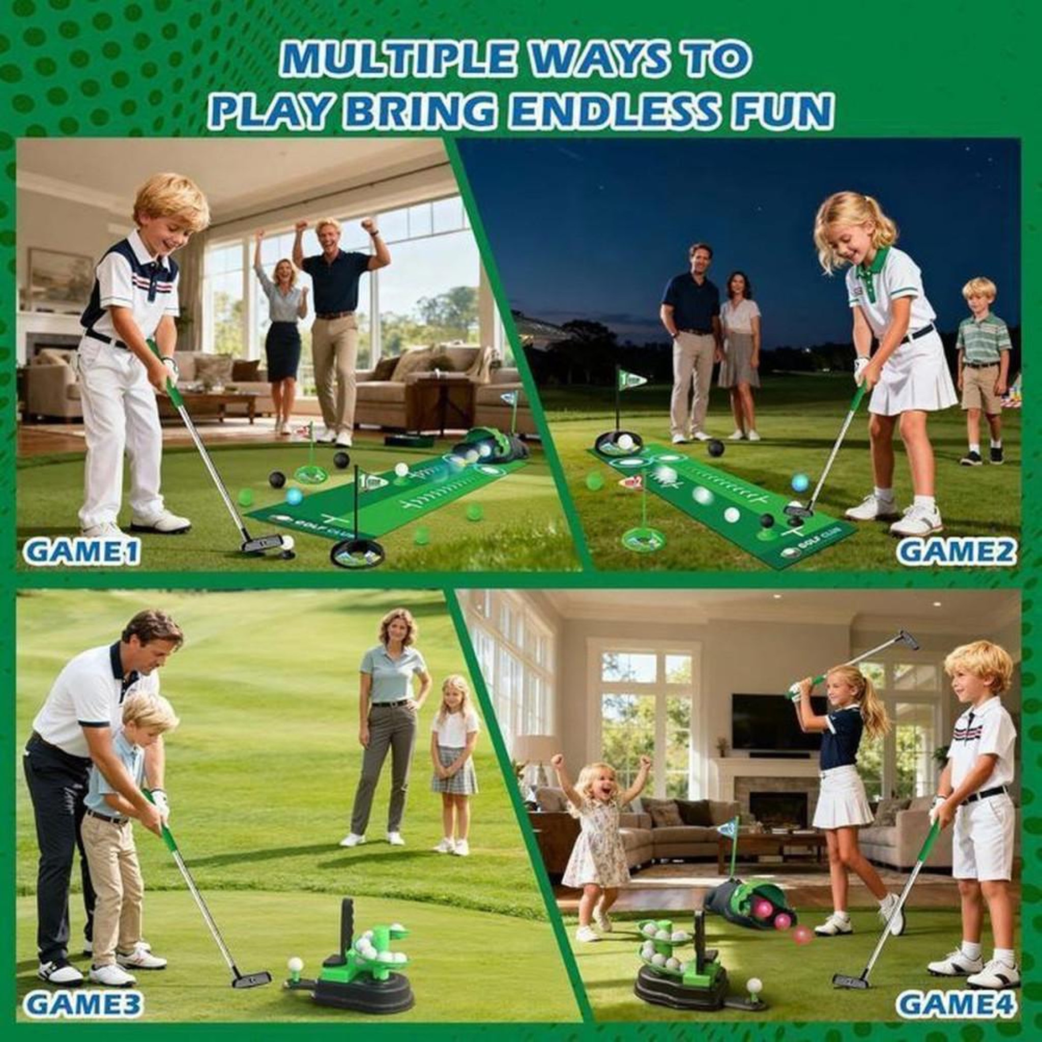 Voir la diapositive 4 : Mini golf enfant 3 en 1 LED avec retourneur automatique dinosaure, clubs réglables et tapis de putting