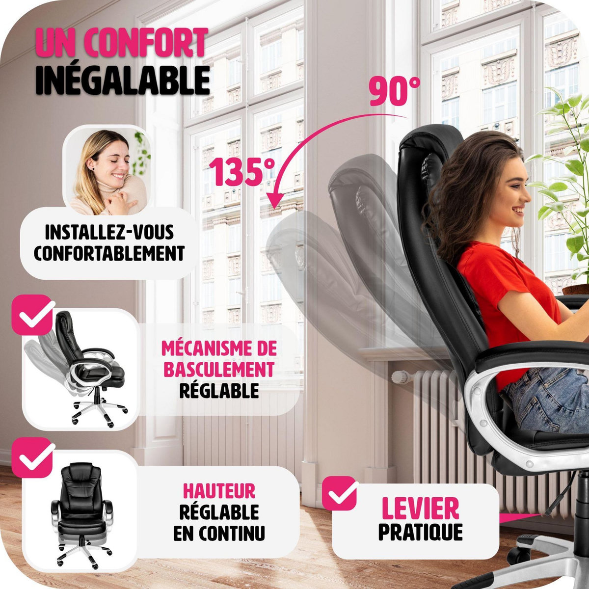 tectake Fauteuil de bureau rotatif à 360° et réglable en hauteur noir