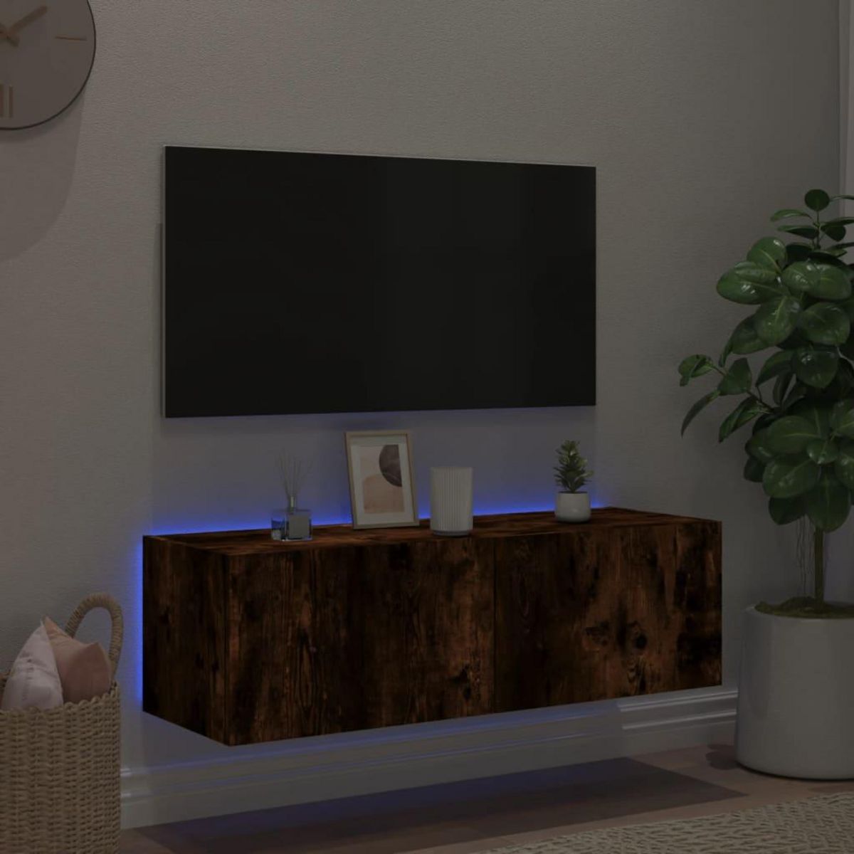 VIDAXL Meuble TV mural avec lumieres LED chene fume 100x35x31 cm